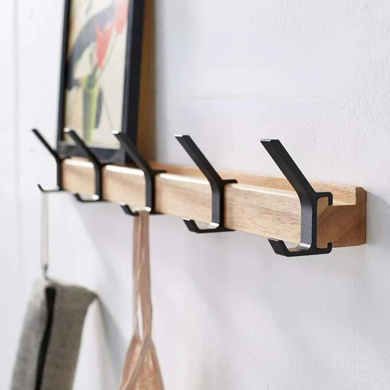 Wall-Mounted Hook Rail with 5 Sliding Double Pegs | Natural Wood & Black Aluminum Entryway Organizer for Coats, Hats, Bags | Scandinavian | Thomler