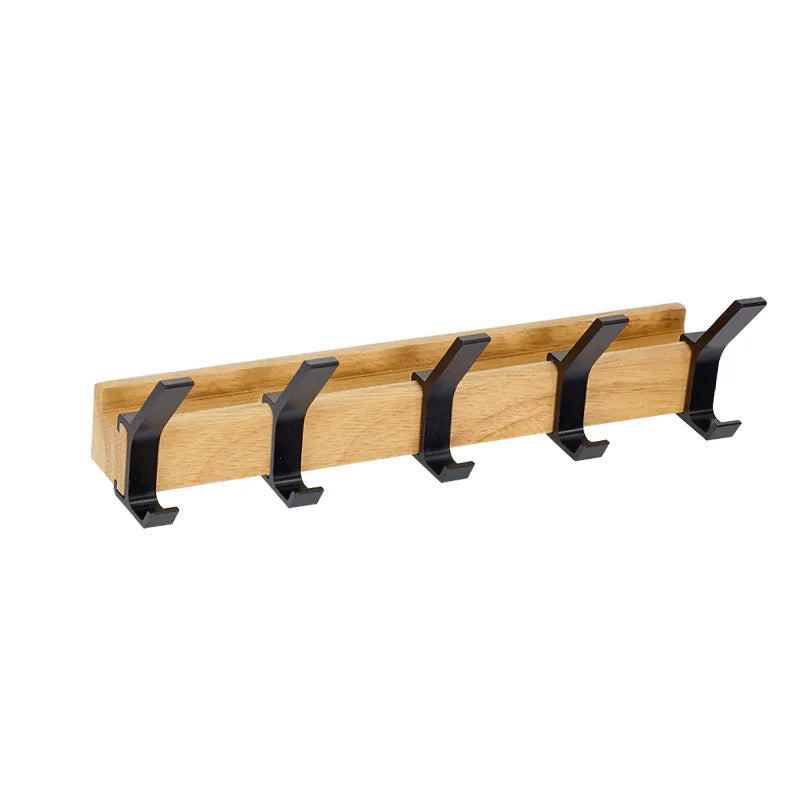 Wall-Mounted Hook Rail with 5 Sliding Double Pegs | Natural Wood & Black Aluminum Entryway Organizer for Coats, Hats, Bags | Scandinavian | Thomler
