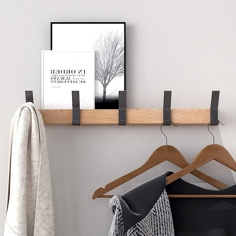 Wall-Mounted Hook Rail with 5 Sliding Double Pegs | Natural Wood & Black Aluminum Entryway Organizer for Coats, Hats, Bags | Scandinavian | Thomler