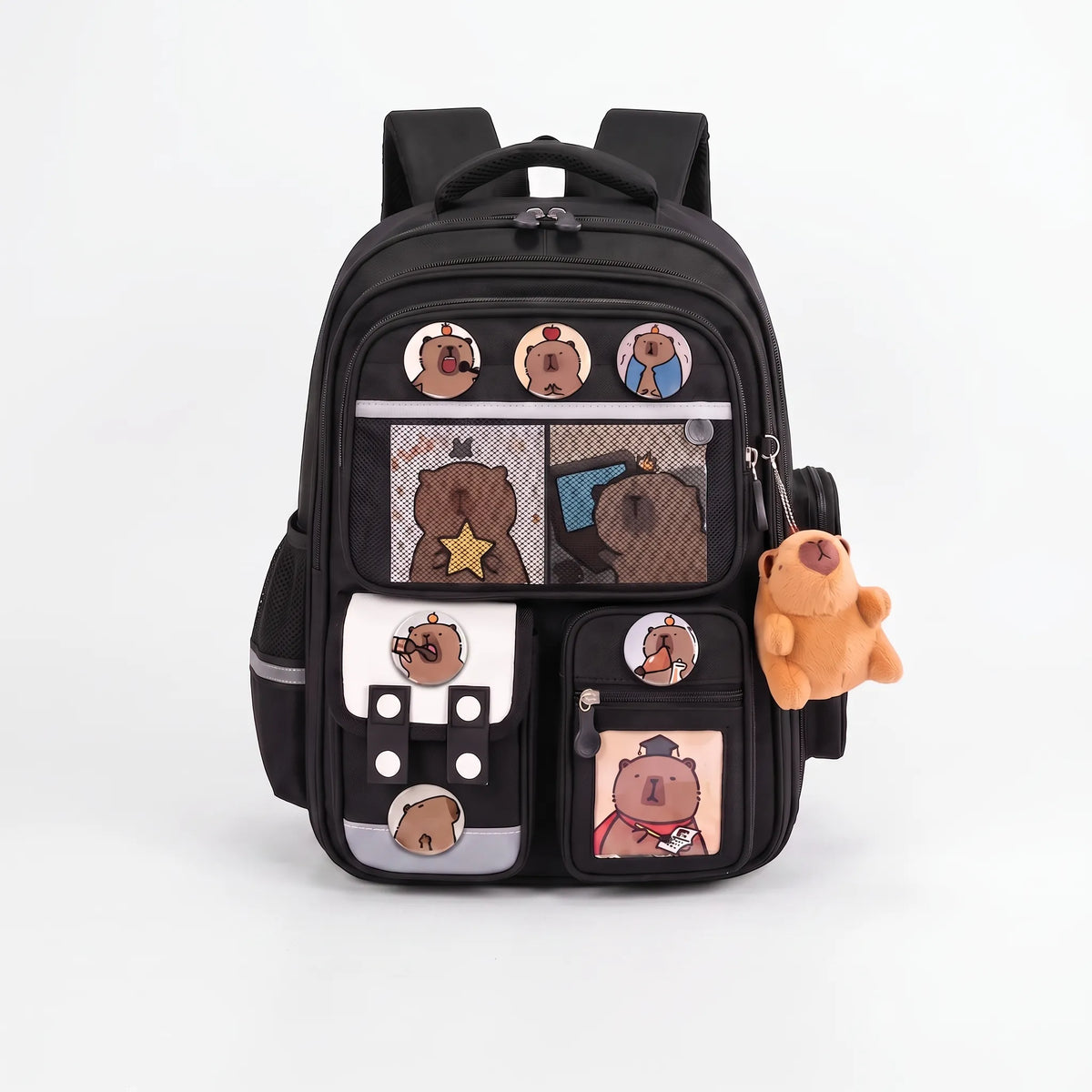 Youth Capybara Backpack with Detachable Charm & Clear Organizer Pockets for School, Books & Snacks | Thomler