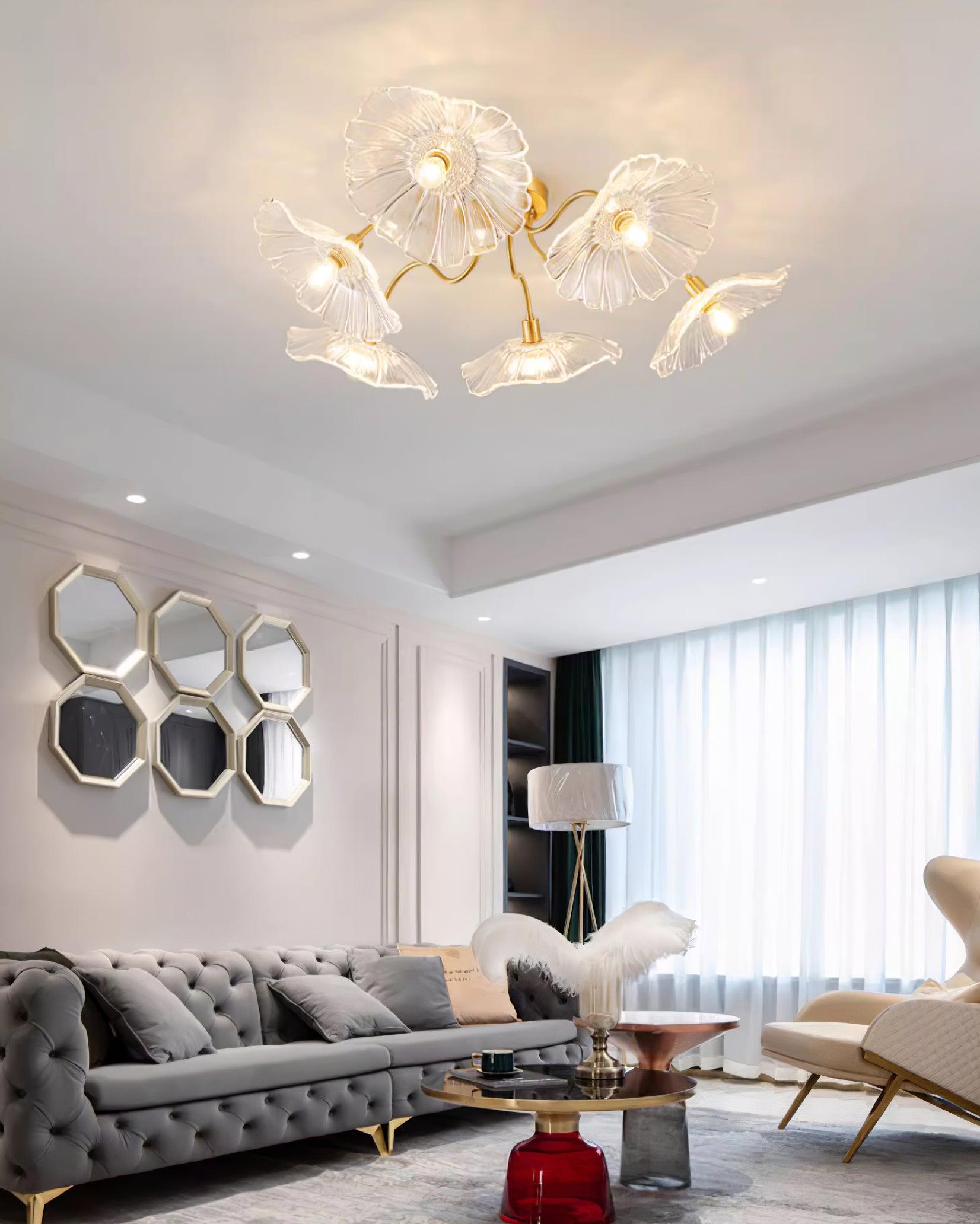 Ceiling Light Murano Glass 27.5 in Frosted Floral Pattern 3-6 Heads Living Room Bedroom Modern Lighting | Thomler