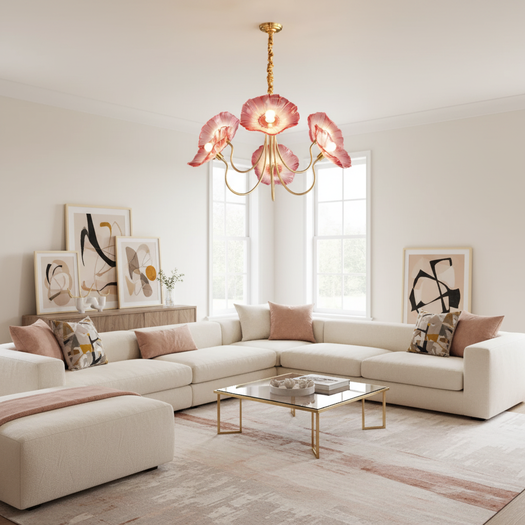 Chandelier Glass Lotus Leaf 35.4 in Modern Indoor Ceiling Light Clear Pink Artistic Home Dining Room Lighting | Thomler