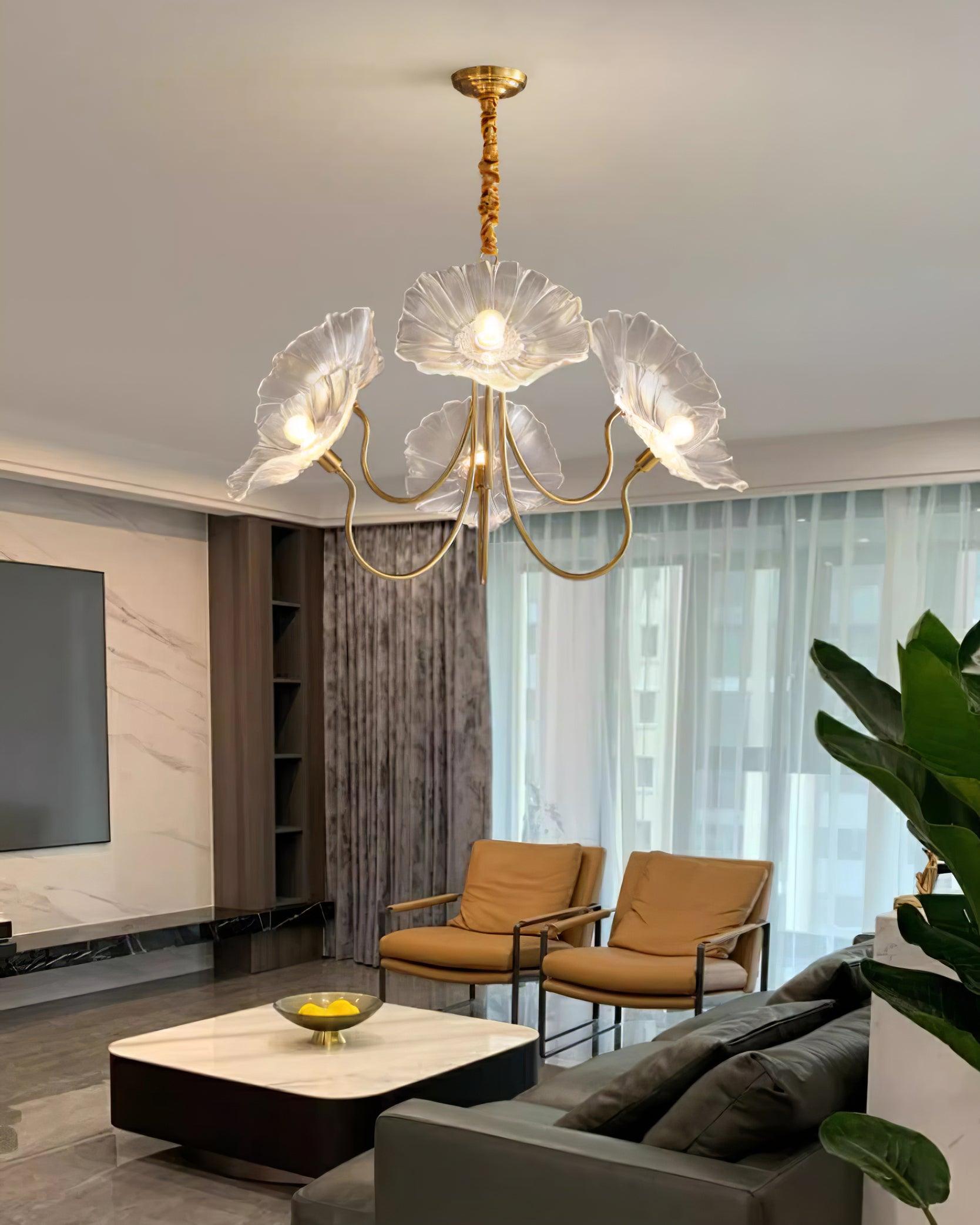 Chandelier Glass Lotus Leaf 35.4 in Modern Indoor Ceiling Light Clear Pink Artistic Home Dining Room Lighting | Thomler