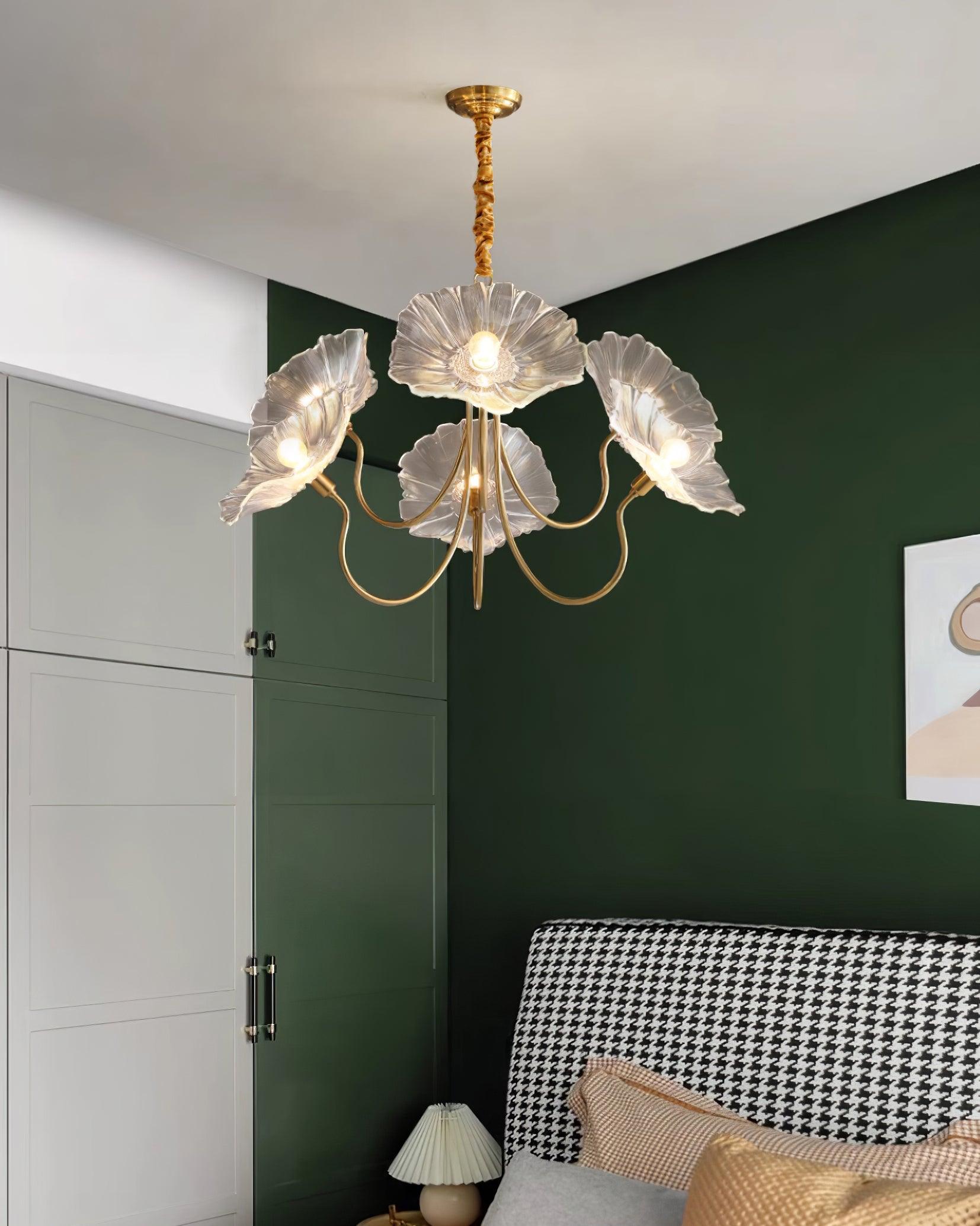 Chandelier Glass Lotus Leaf 35.4 in Modern Indoor Ceiling Light Clear Pink Artistic Home Dining Room Lighting | Thomler