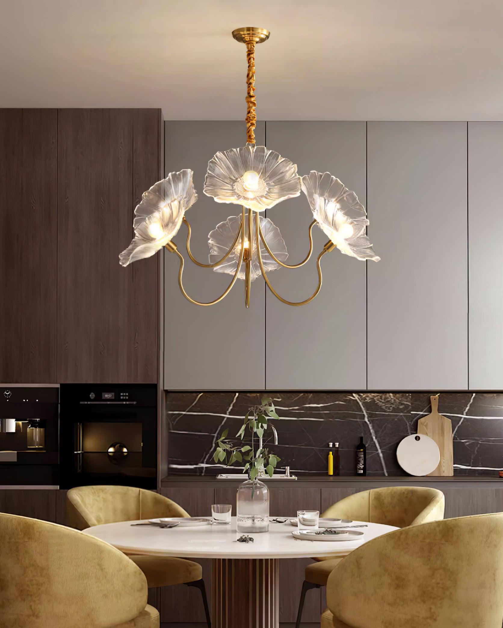 Chandelier Glass Lotus Leaf 35.4 in Modern Indoor Ceiling Light Clear Pink Artistic Home Dining Room Lighting | Thomler