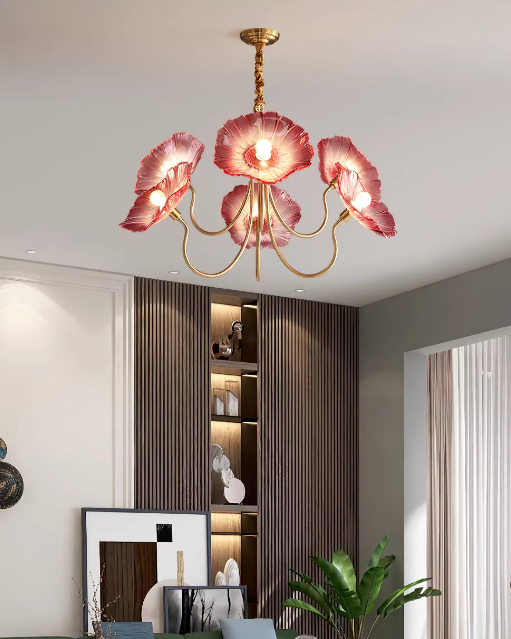 Chandelier Glass Lotus Leaf 35.4 in Modern Indoor Ceiling Light Clear Pink Artistic Home Dining Room Lighting | Thomler