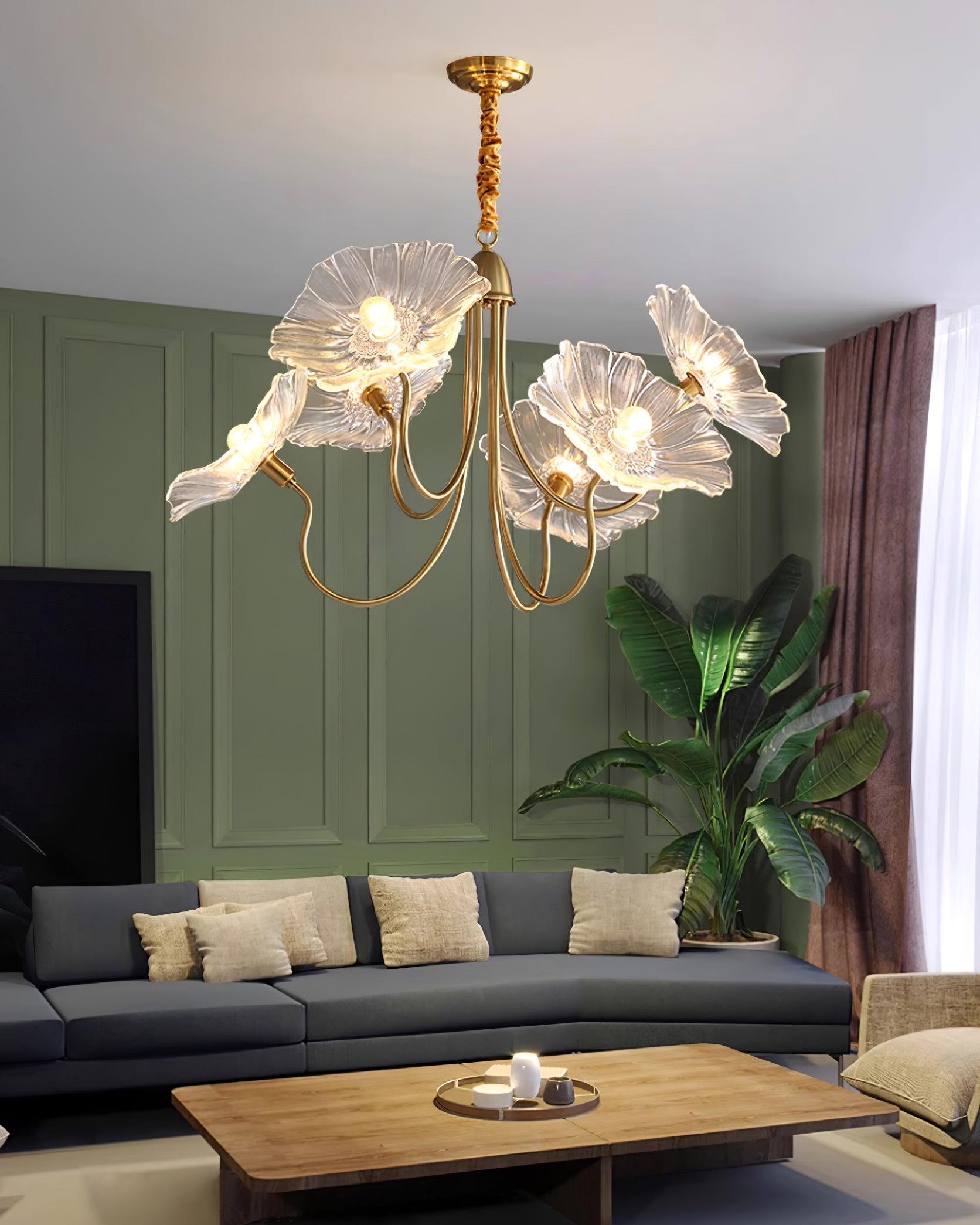 Chandelier Glass Lotus Leaf 35.4 in Modern Indoor Ceiling Light Clear Pink Artistic Home Dining Room Lighting | Thomler