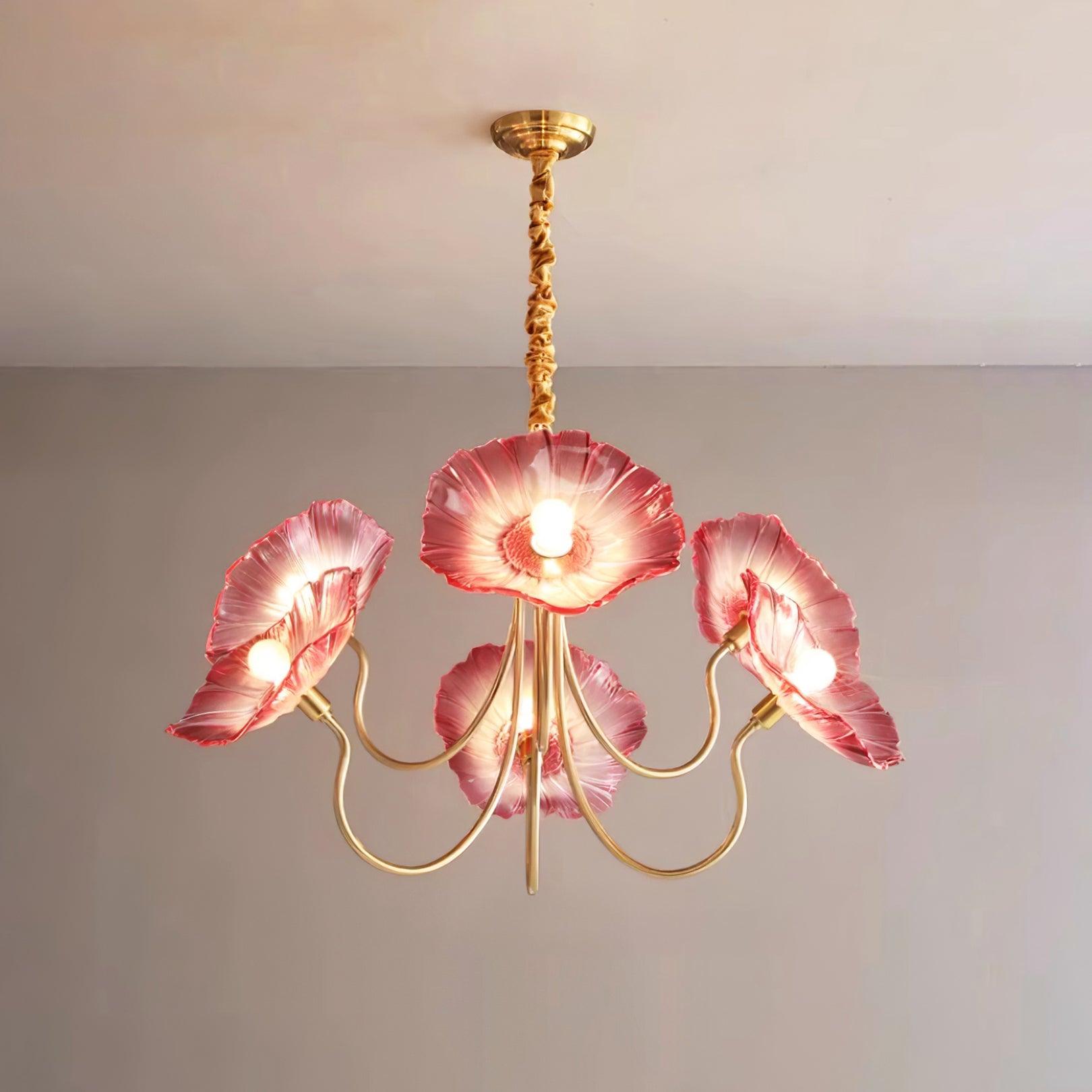 Chandelier Glass Lotus Leaf 35.4 in Modern Indoor Ceiling Light Clear Pink Artistic Home Dining Room Lighting | Thomler