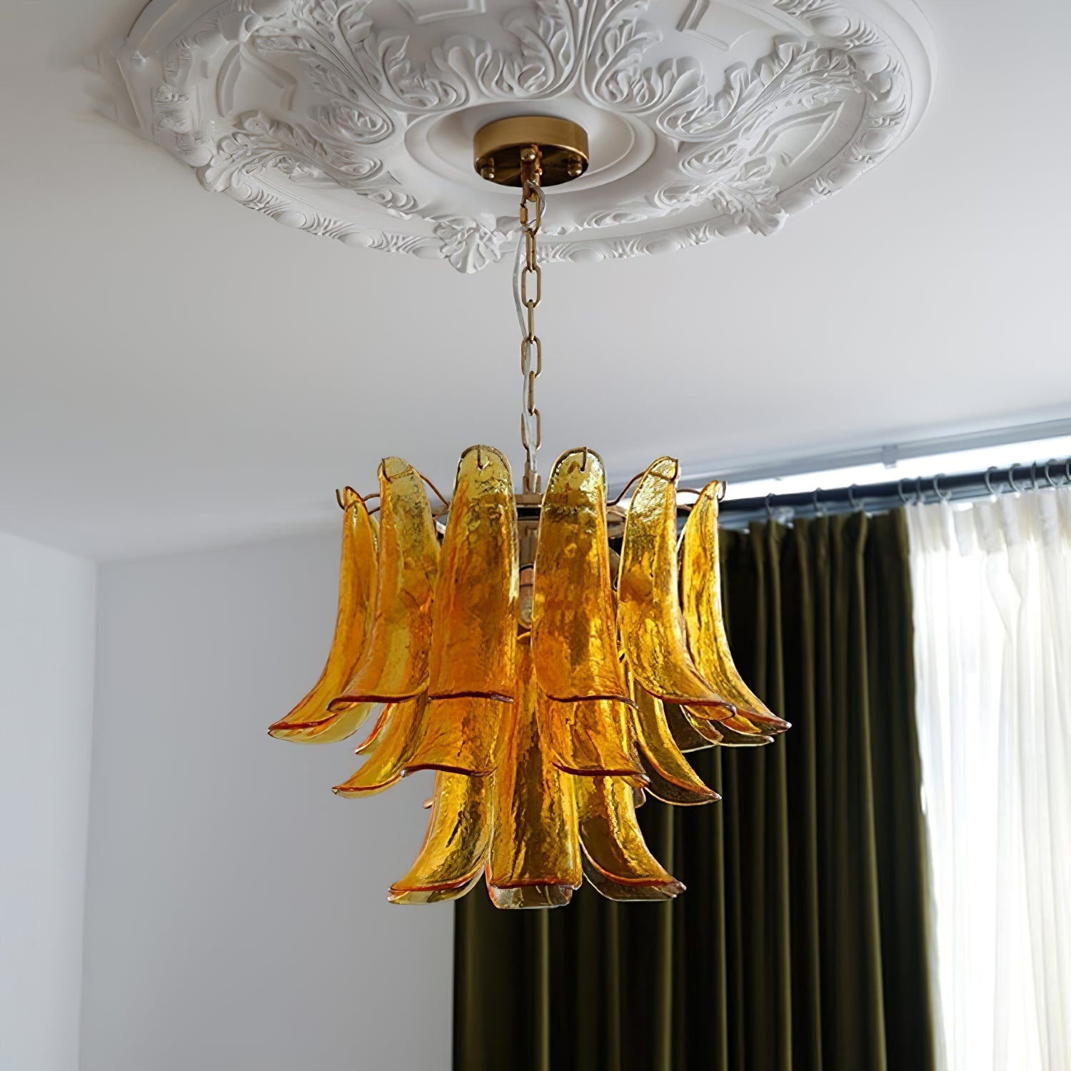 Chandelier Glass Murano 19.6 in Indoor Ceiling Light White Amber Clear Decorative Fixture | Thomler