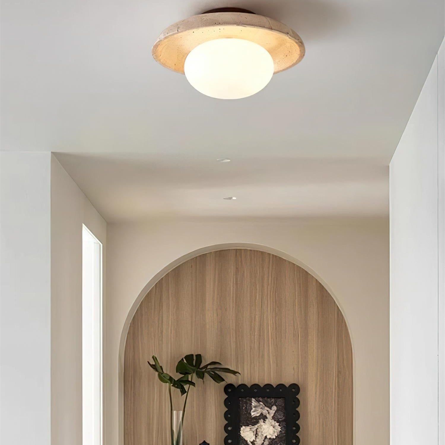 Ceiling Light Wood And Travertine 9.8 In White Hallway Bedroom Flush Mount Wall Or Ceiling Fixture | Thomler