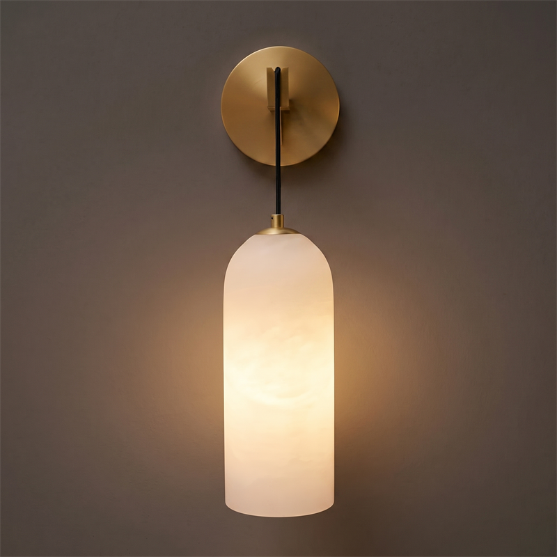 Hand-Carved Spanish Stone Sconce with Brass or Wood Frame – Natural Translucent Wall Light for Living Room & Hallway | Thomler