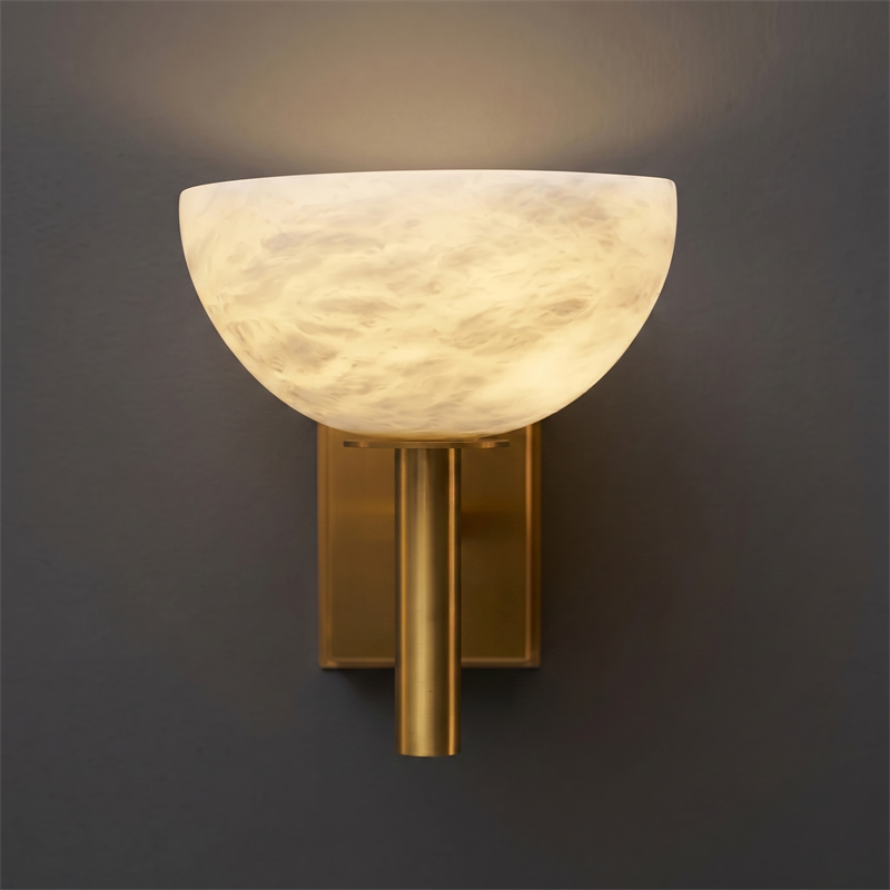 Hand-Carved Spanish Stone Sconce with Brass or Wood Frame – Natural Translucent Wall Light for Living Room & Hallway | Thomler
