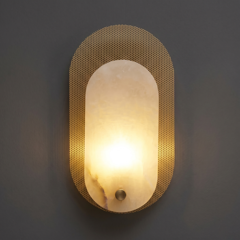 Hand-Carved Spanish Stone Sconce with Brass or Wood Frame – Natural Translucent Wall Light for Living Room & Hallway | Thomler
