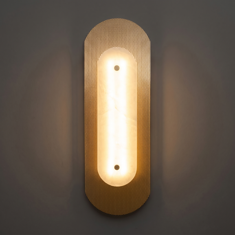 Hand-Carved Spanish Stone Sconce with Brass or Wood Frame – Natural Translucent Wall Light for Living Room & Hallway | Thomler