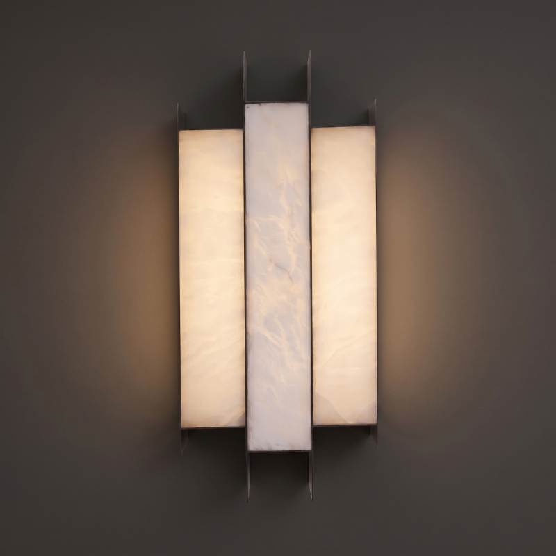 Hand-Carved Spanish Stone Sconce with Brass or Wood Frame – Natural Translucent Wall Light for Living Room & Hallway | Thomler