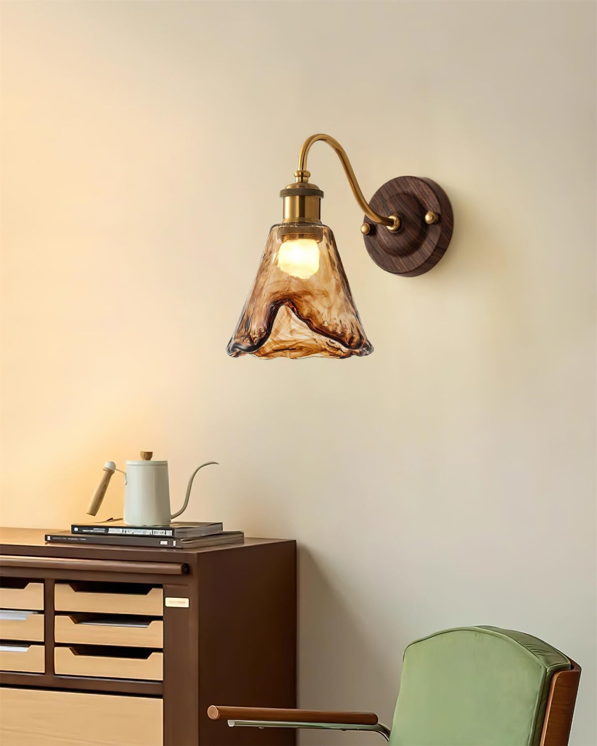 Vintage Amber Glass Wall Sconce with Wood-Tone Finish and Brass Accents | Thomler