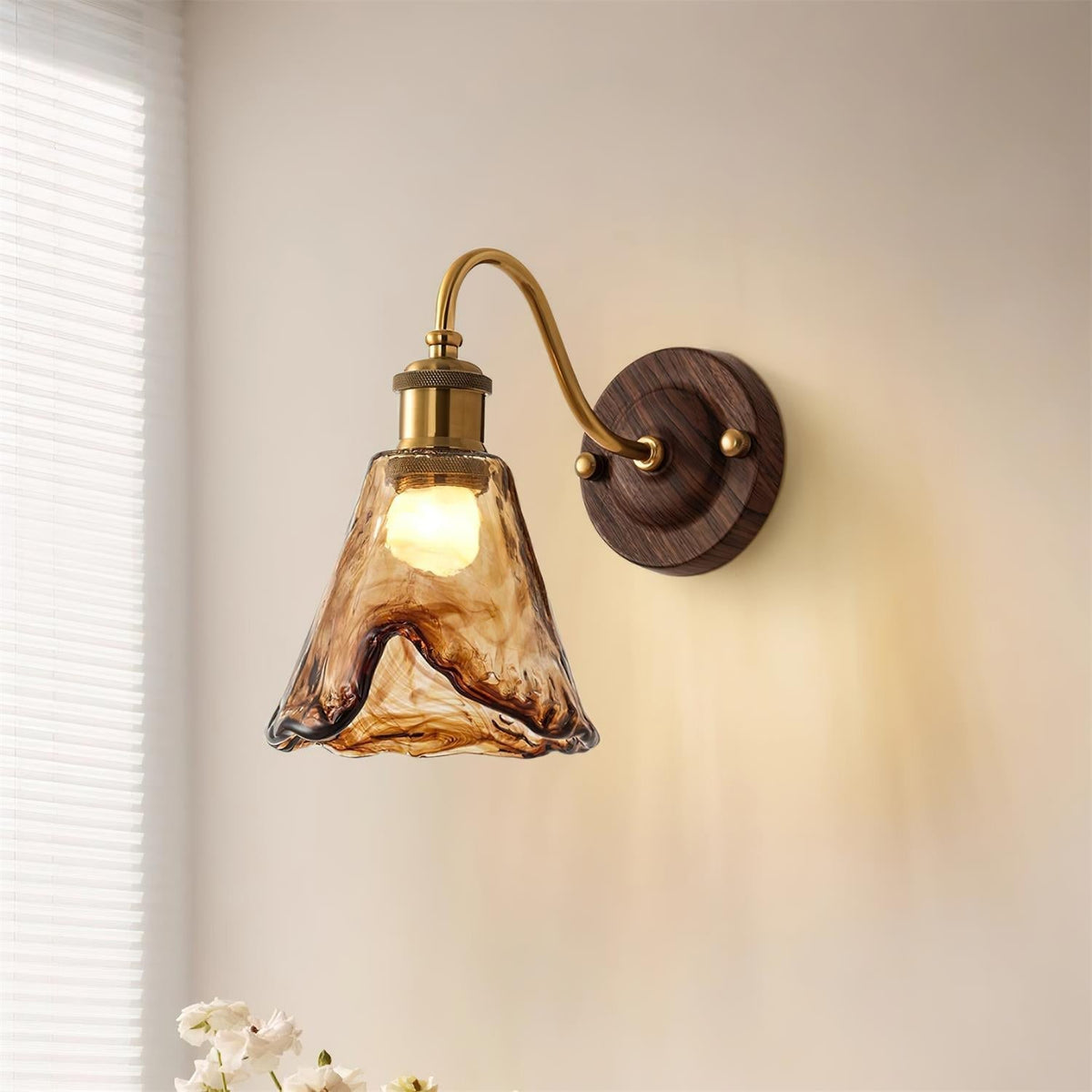 Vintage Amber Glass Wall Sconce with Wood-Tone Finish and Brass Accents | Thomler
