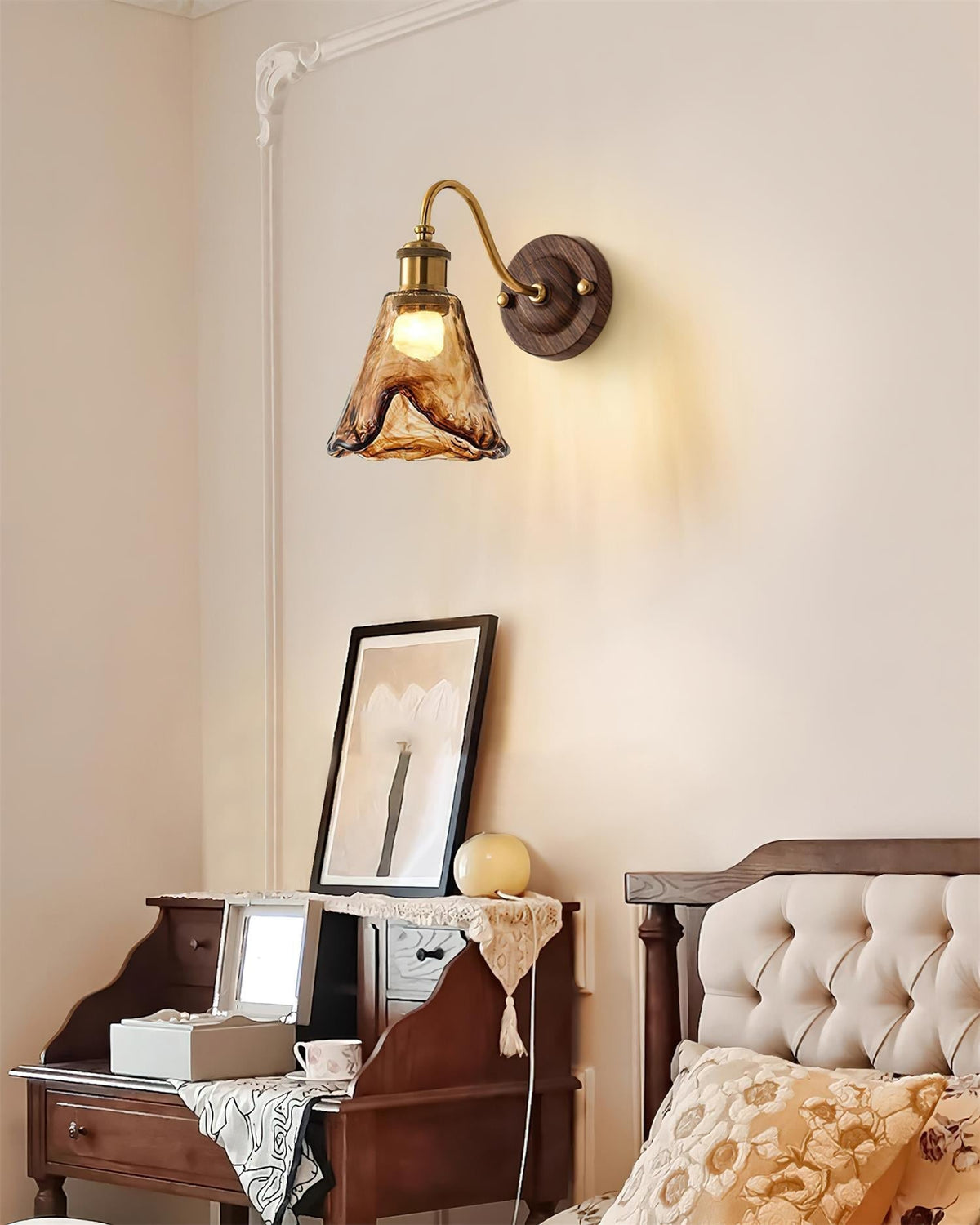 Vintage Amber Glass Wall Sconce with Wood-Tone Finish and Brass Accents | Thomler