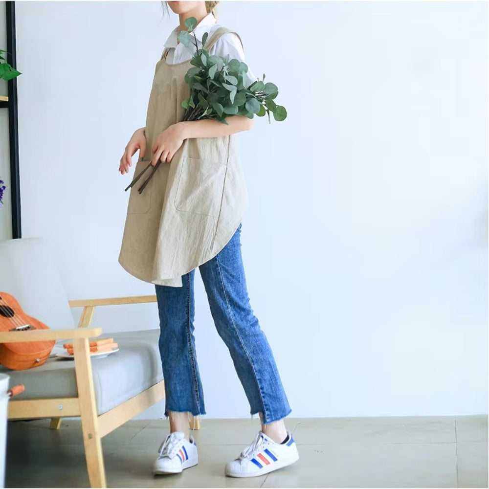 Cross-Back Cotton Apron Dress with Pockets for Kitchen, Baking & Gardening | Relaxed Fit Smock for Women | Machine Washable Crafting Coverup | Thomler