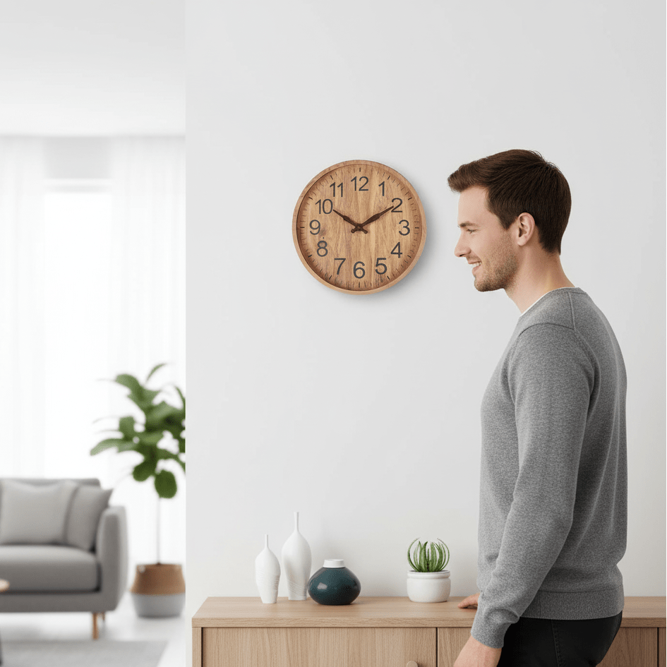 Whisper-Quiet Wood Circle Clock – 12-Inch Natural Grain Timepiece with Noiseless Sweep Hand for Bedroom, Office & Living Room Walls | Thomler