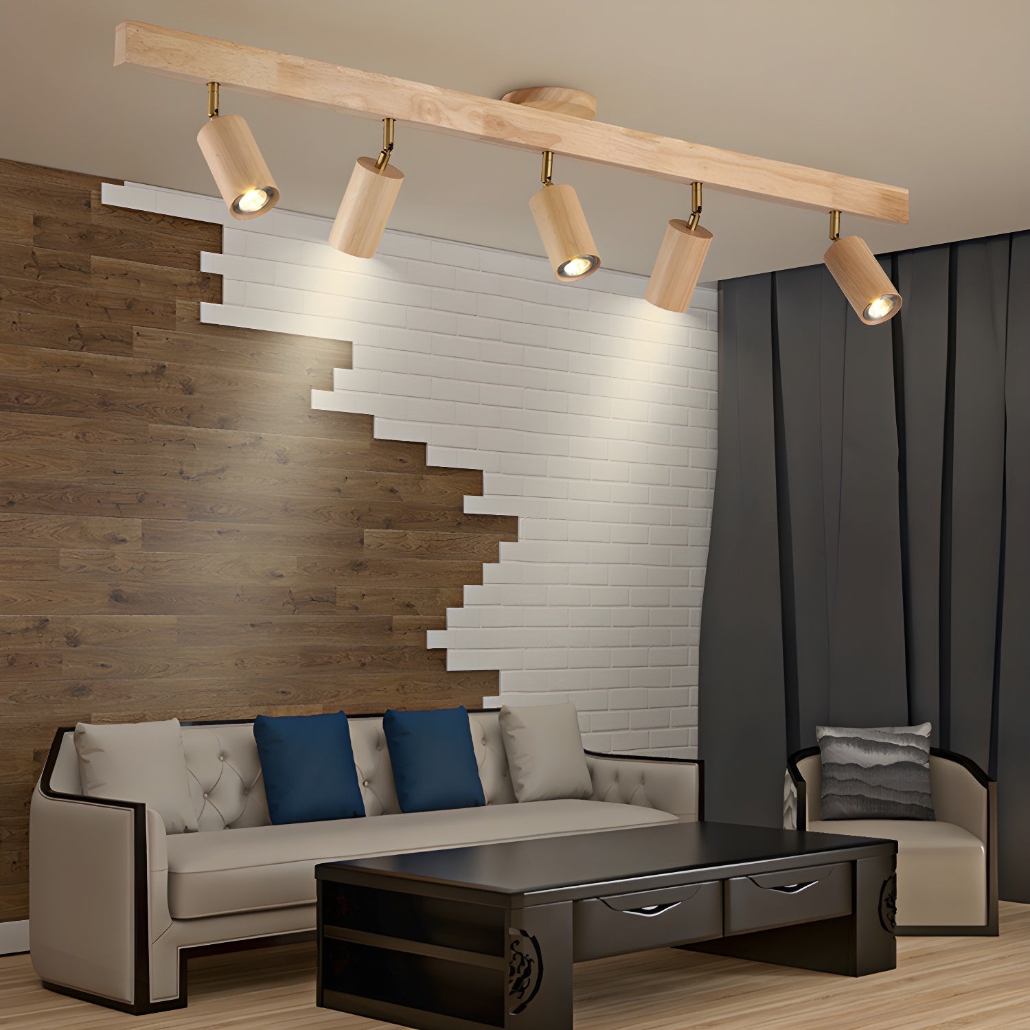 Wood Pendant Track Light 4 Heads 39.4 in Indoor Ceiling Wall Rustic Modern Lamp | Thomler