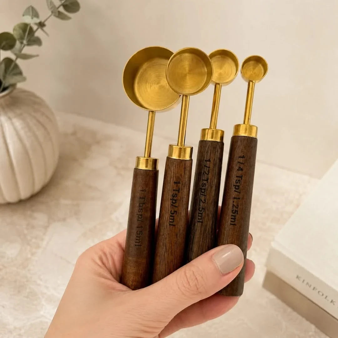Acacia Handle Measuring Spoons & Cups – Stainless Steel Kitchen Utensil Set with Wooden Grip for Baking Prep, Cooking Ingredients & Recipe | Thomler