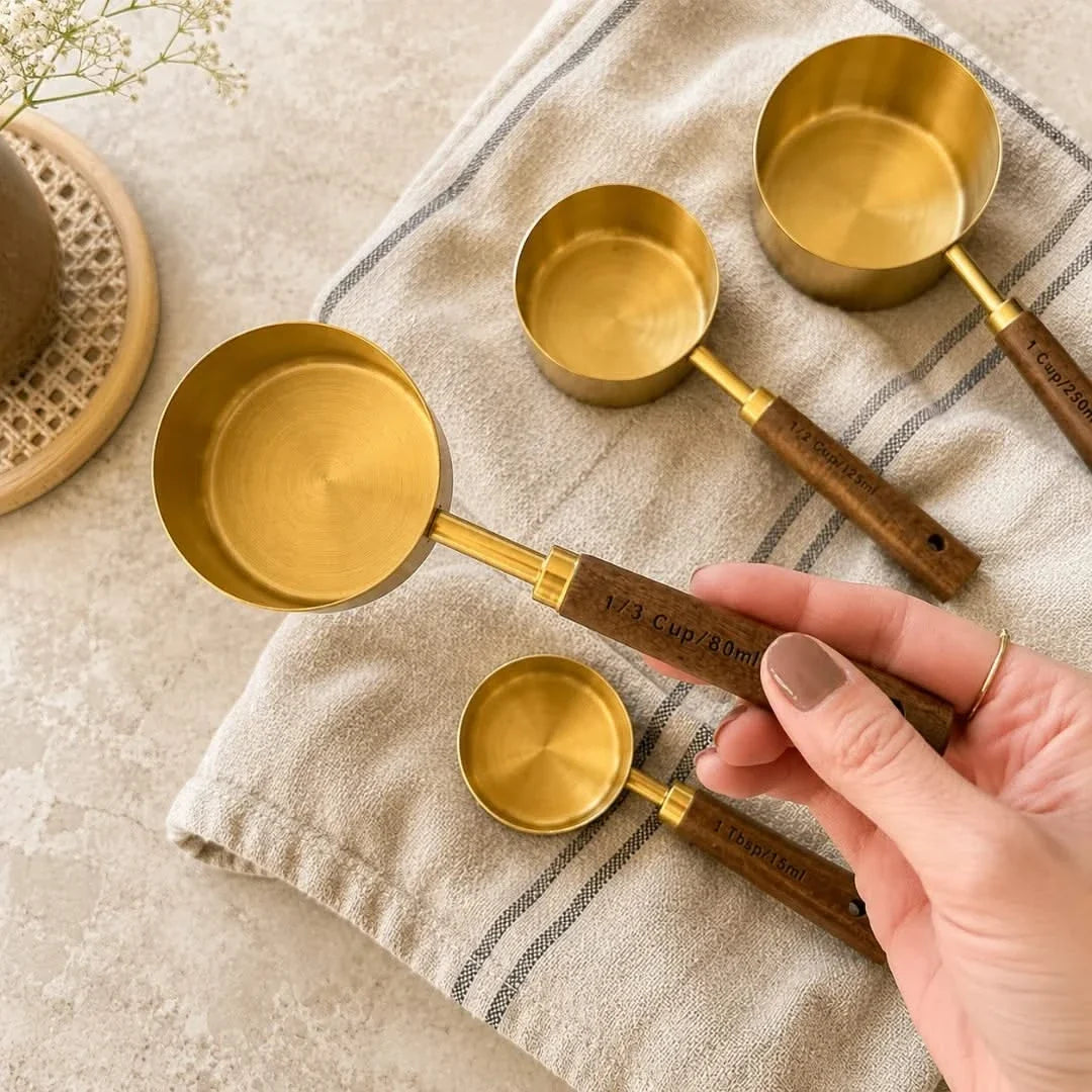 Acacia Handle Measuring Spoons & Cups – Stainless Steel Kitchen Utensil Set with Wooden Grip for Baking Prep, Cooking Ingredients & Recipe | Thomler