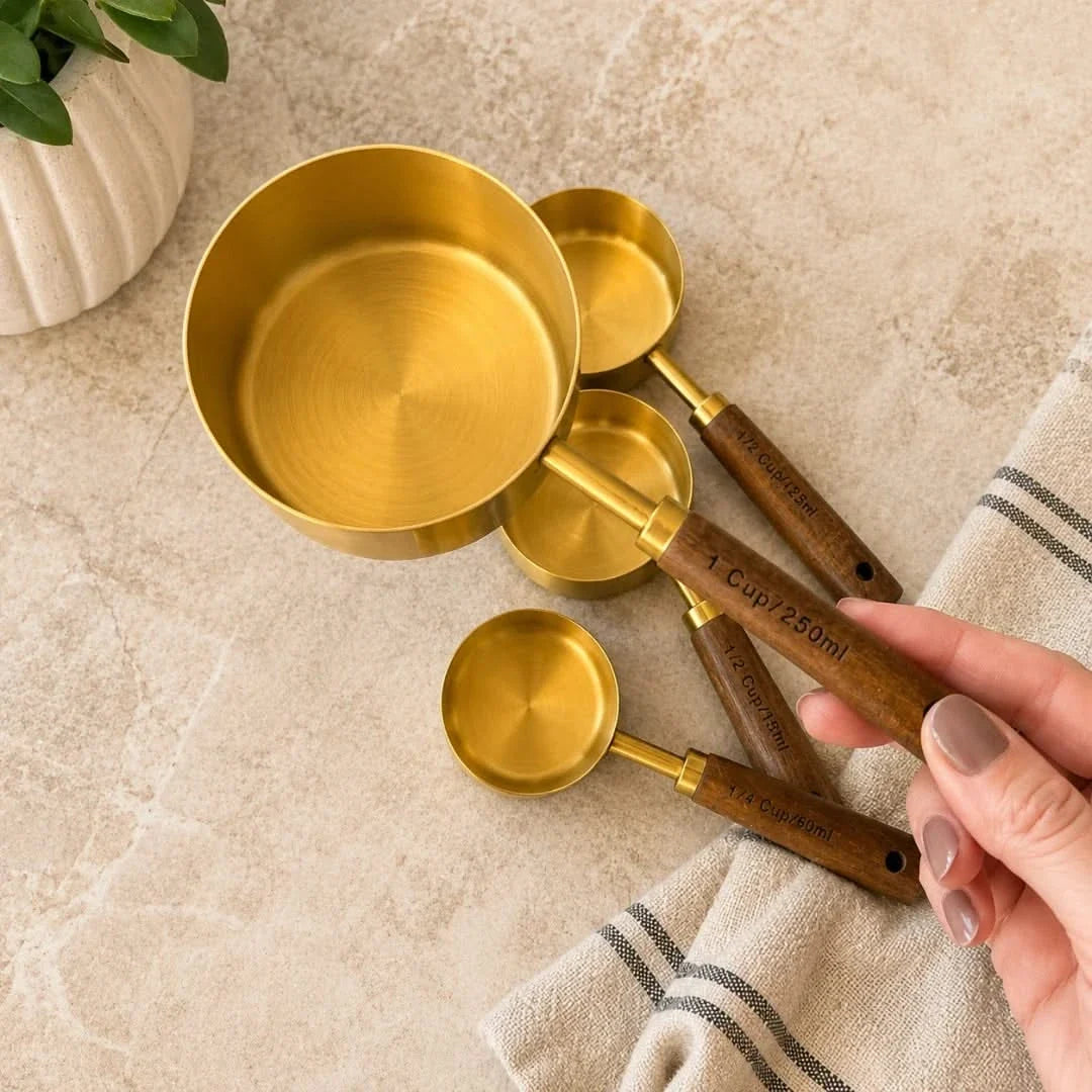 Acacia Handle Measuring Spoons & Cups – Stainless Steel Kitchen Utensil Set with Wooden Grip for Baking Prep, Cooking Ingredients & Recipe | Thomler