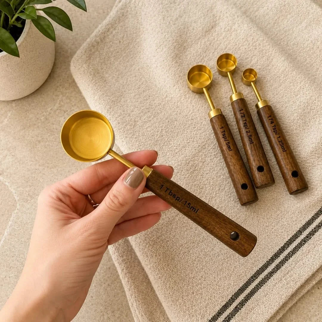 Acacia Handle Measuring Spoons & Cups – Stainless Steel Kitchen Utensil Set with Wooden Grip for Baking Prep, Cooking Ingredients & Recipe | Thomler
