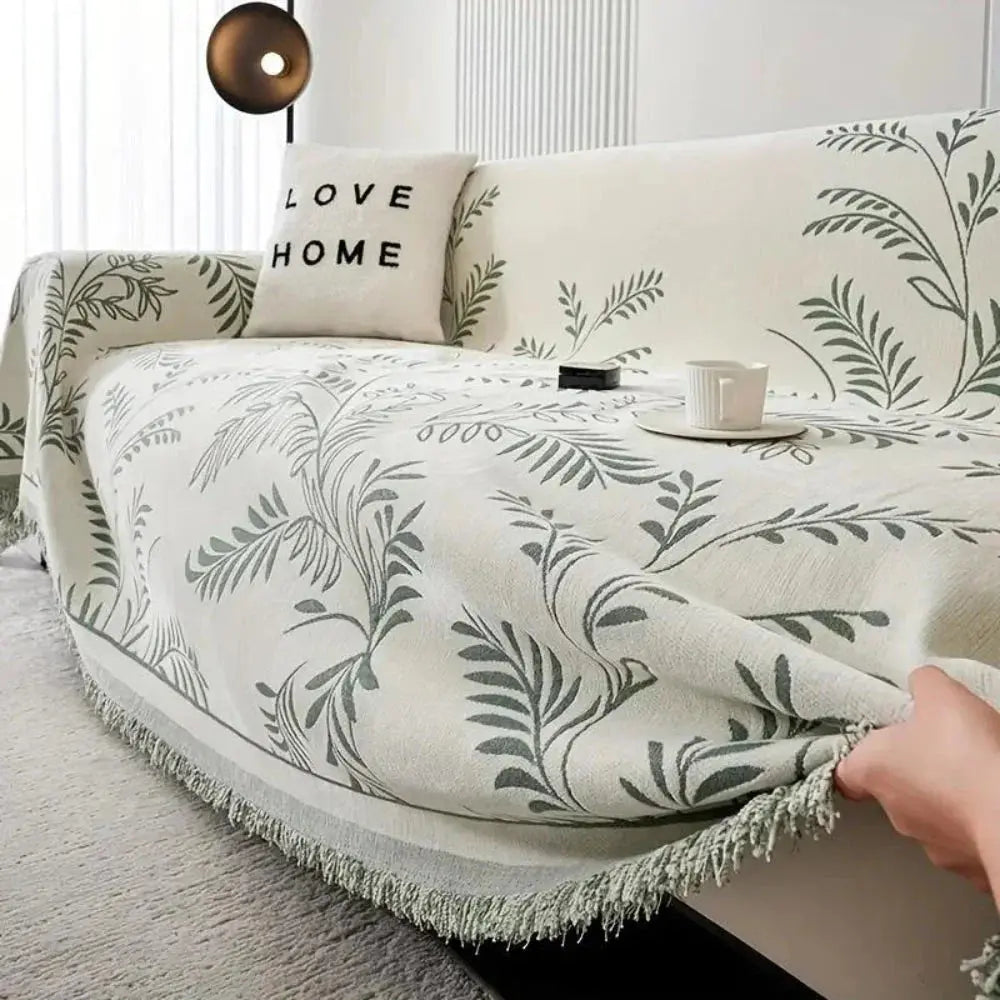 Chenille Jacquard Leaf Sofa Throw Blanket with Non-Slip Backing | Scratch-Resistant Textured Furniture Cover for Couch Protection | Thomler