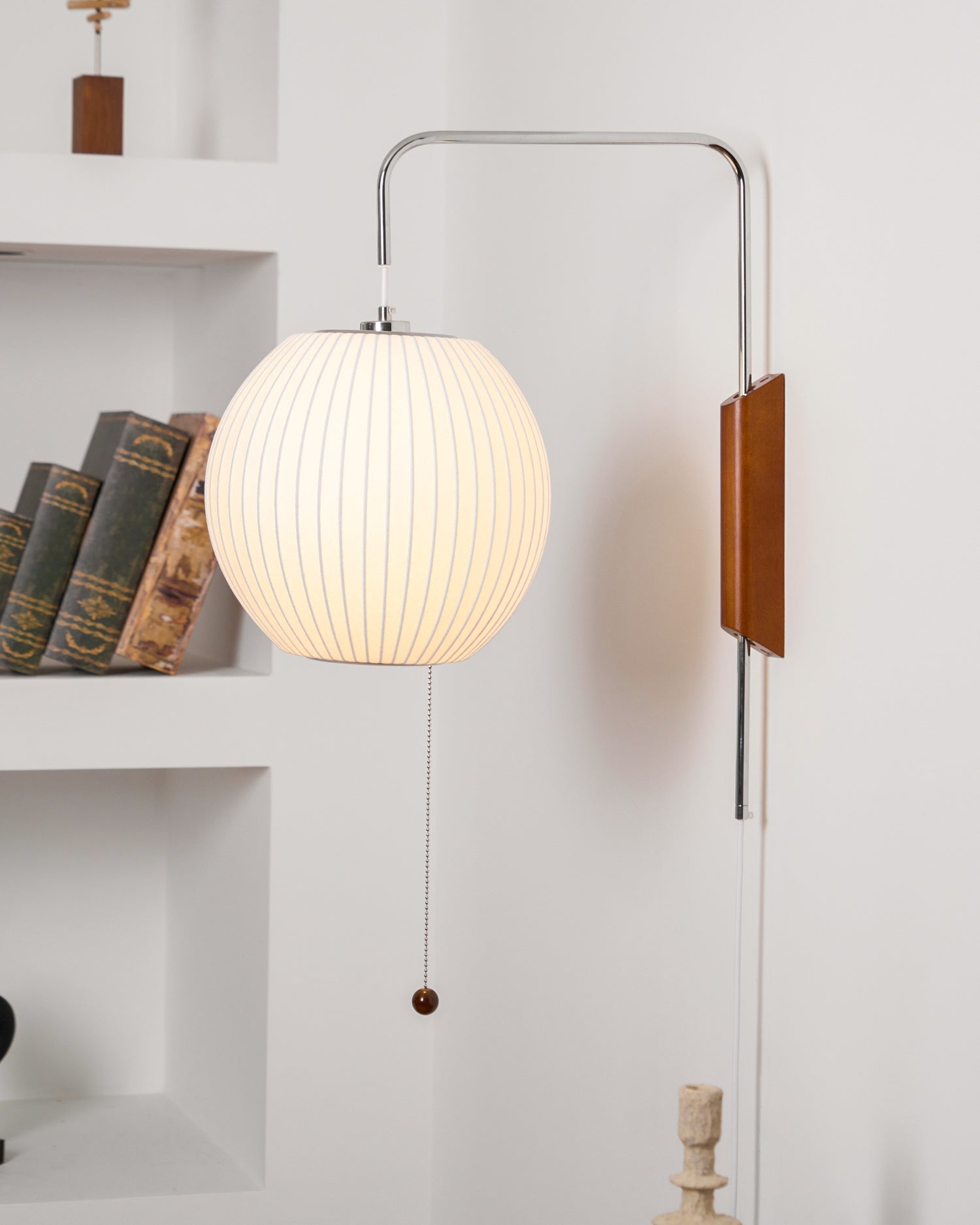 Wall Lamp Walnut Opal Shade 40.0 cm White Bedroom Living Room Plug In Reading Light Japandi Mid Century Accent Lighting | Thomler