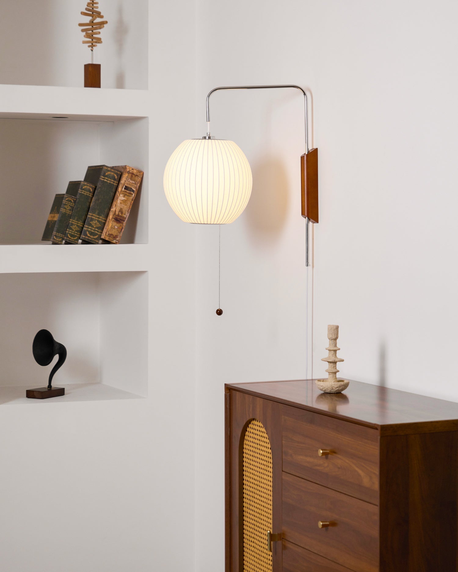 Wall Lamp Walnut Opal Shade 40.0 cm White Bedroom Living Room Plug In Reading Light Japandi Mid Century Accent Lighting | Thomler
