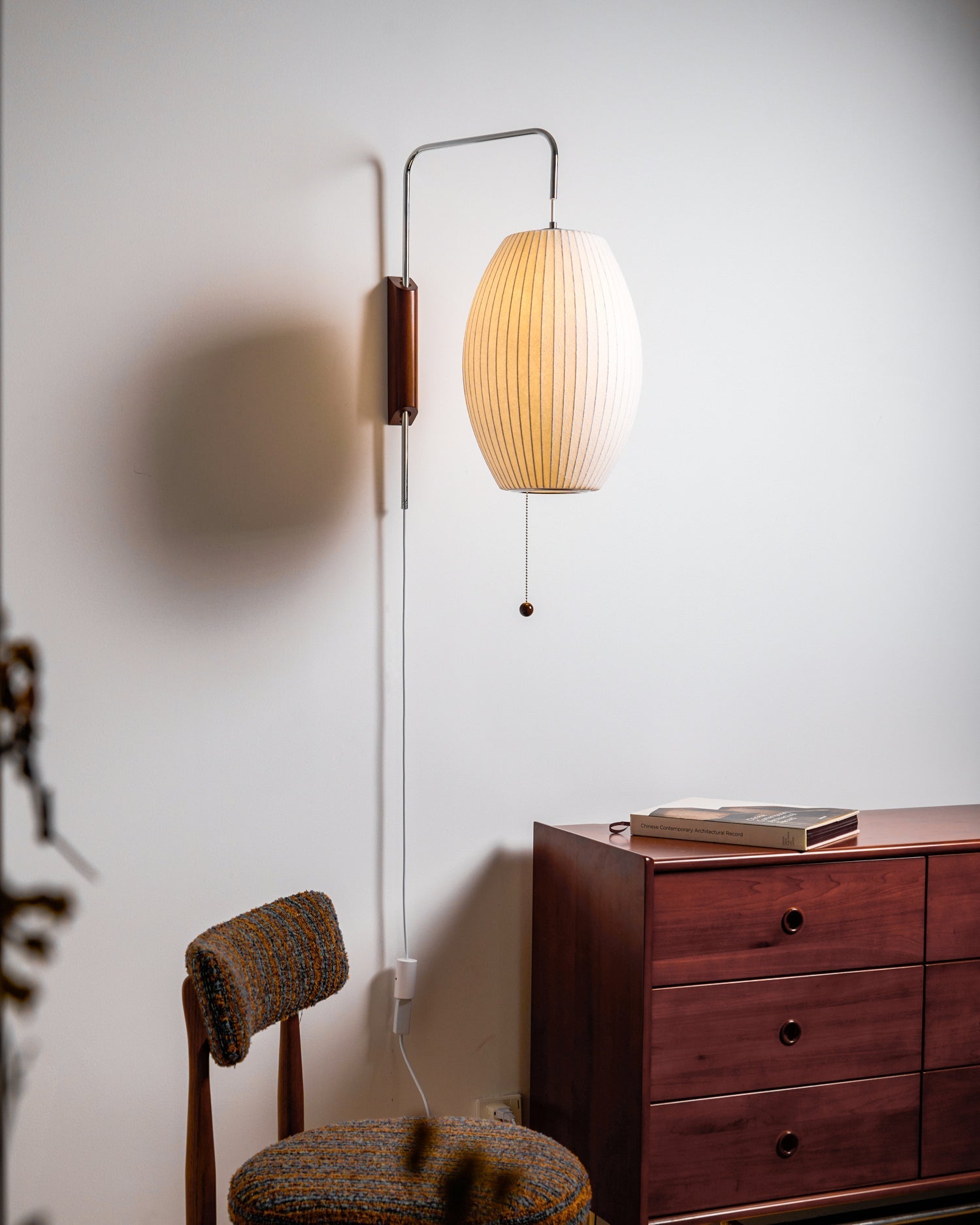 Wall Lamp Walnut Opal Shade 40.0 cm White Bedroom Living Room Plug In Reading Light Japandi Mid Century Accent Lighting | Thomler