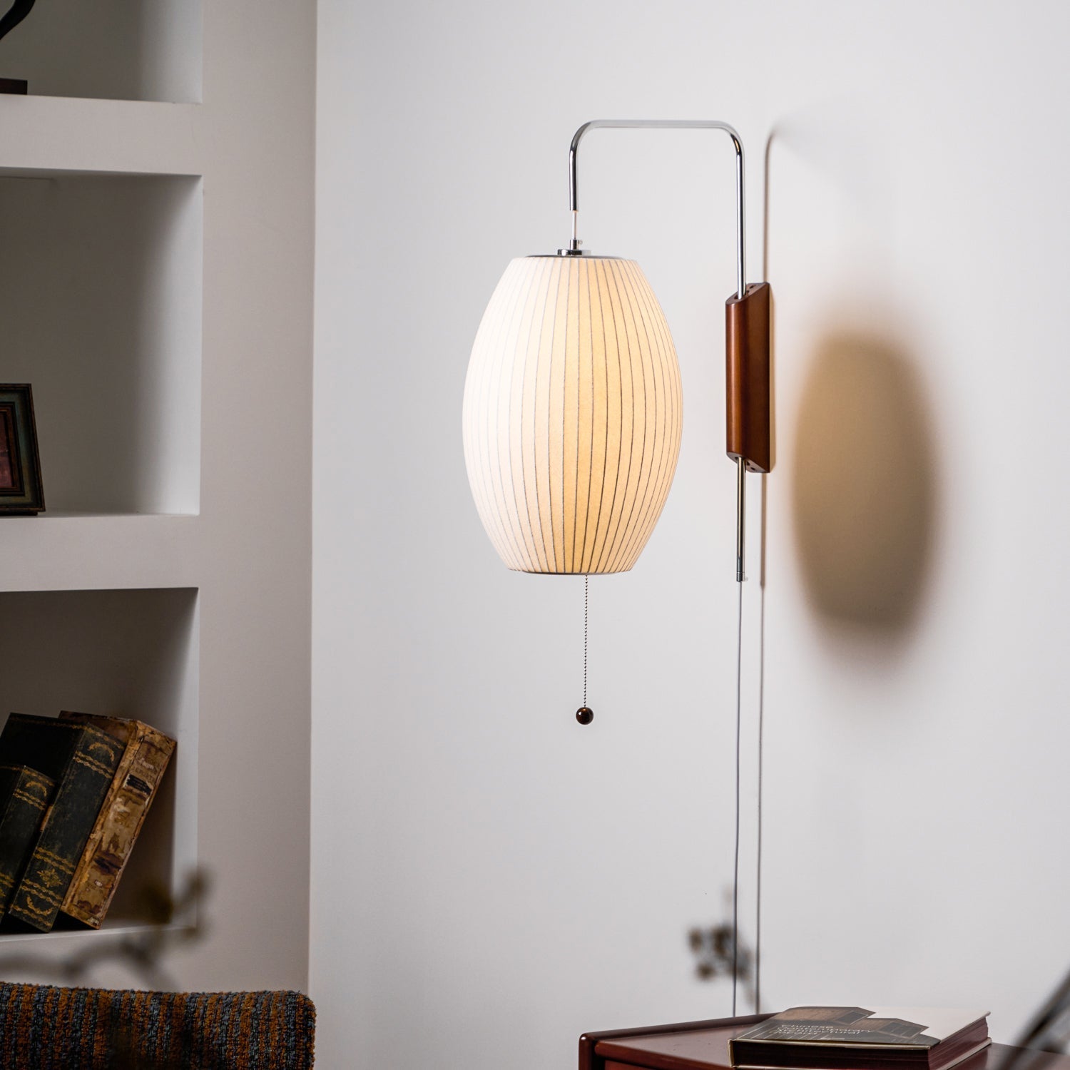 Wall Lamp Walnut Opal Shade 40.0 cm White Bedroom Living Room Plug In Reading Light Japandi Mid Century Accent Lighting | Thomler