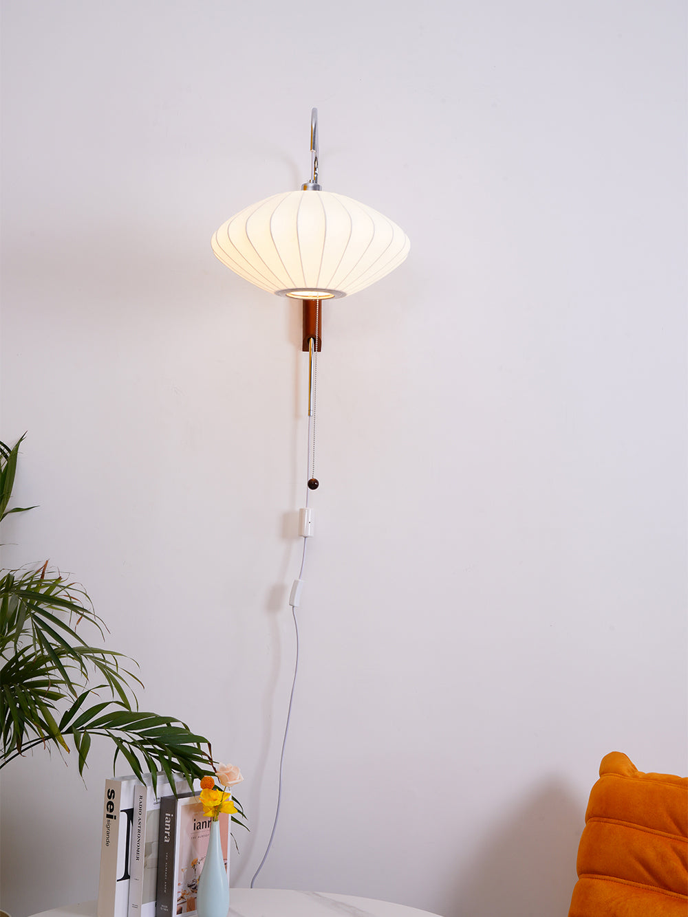 Wall Lamp Walnut Opal Shade 40.0 cm White Bedroom Living Room Plug In Reading Light Japandi Mid Century Accent Lighting | Thomler