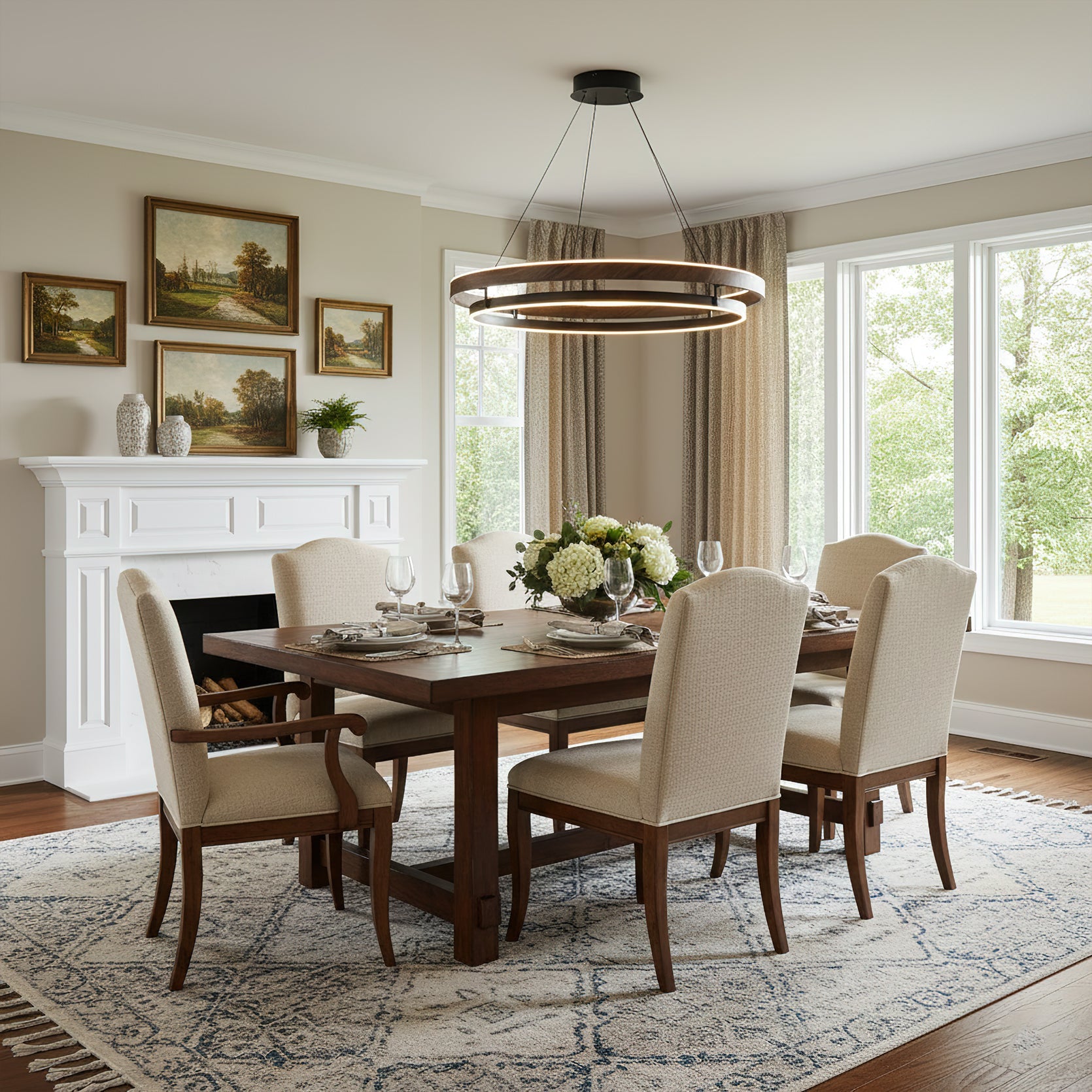 Chandelier Metal Double Ring 23.6 in LED Dining Room Modern Ceiling Light Fixture Adjustable Hanging | Thomler