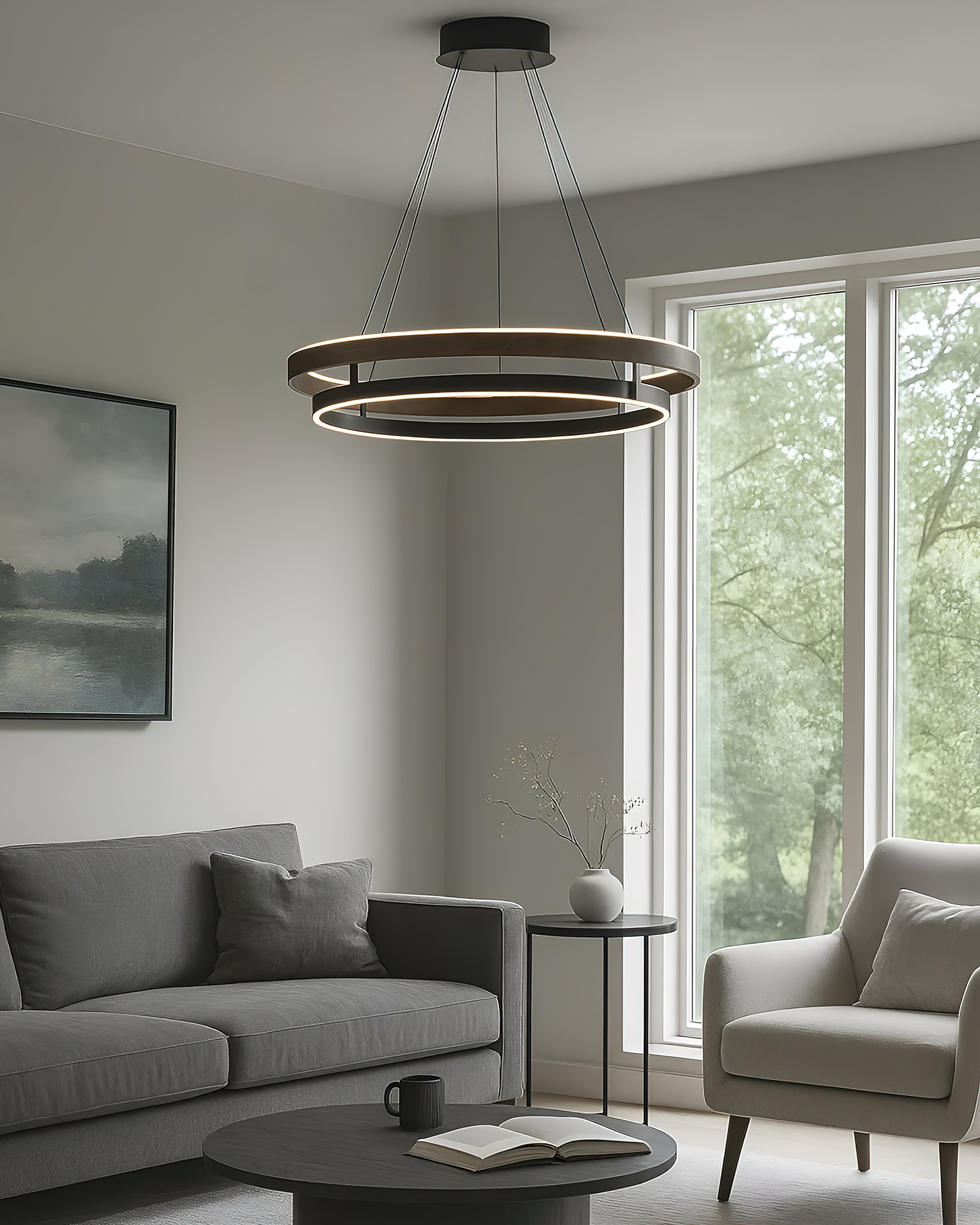 Chandelier Metal Double Ring 23.6 in LED Dining Room Modern Ceiling Light Fixture Adjustable Hanging | Thomler