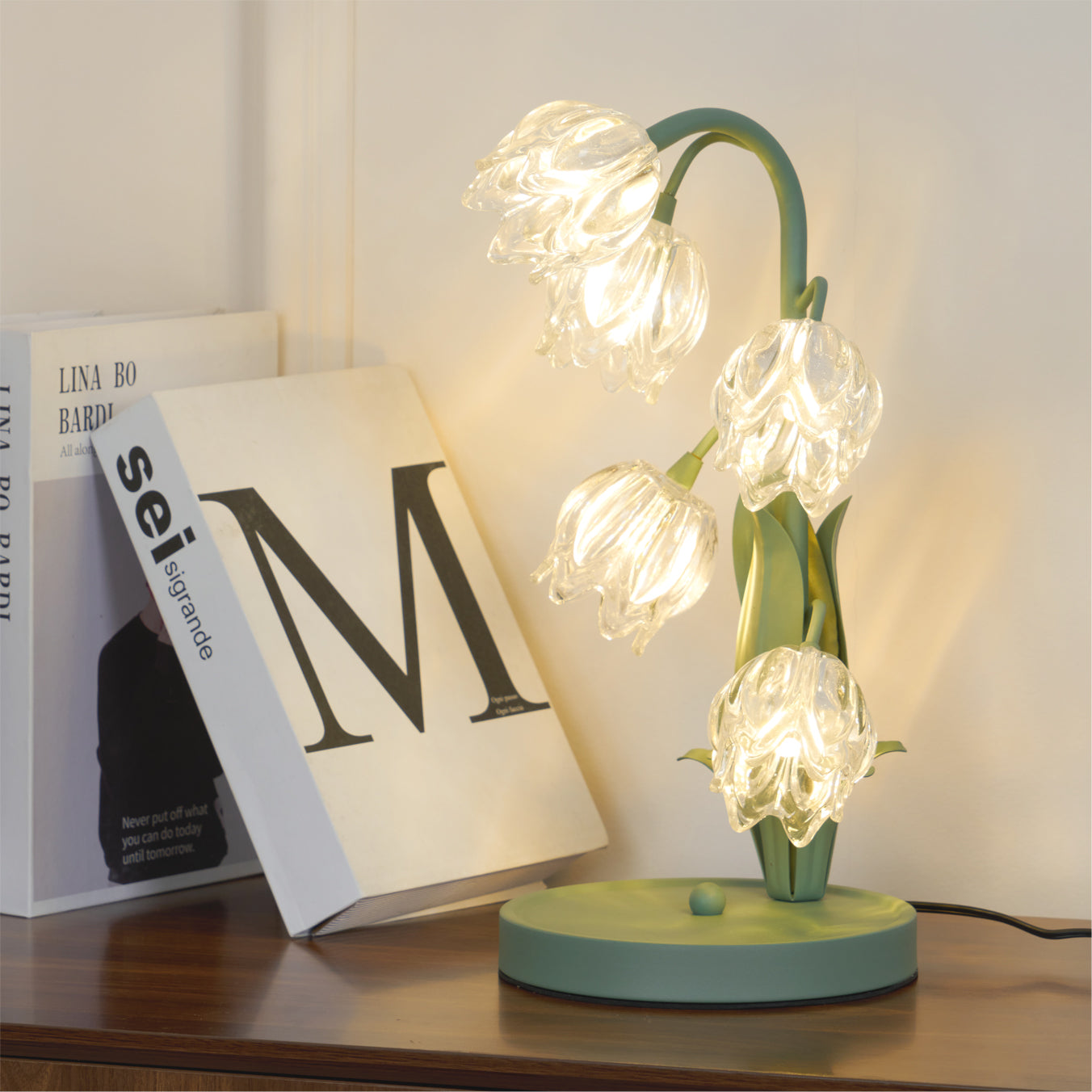 Table Lamp Glass Flower 7 in Decorative Green Indoor Bedroom Living Room Accent Lighting | Thomler