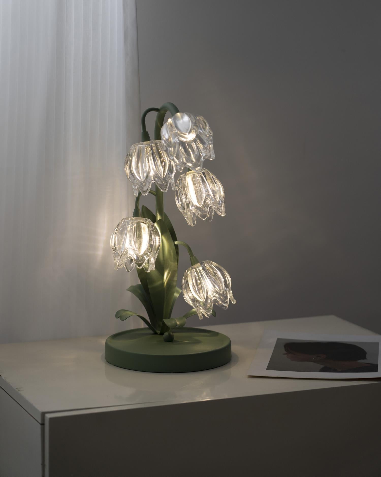 Table Lamp Glass Flower 7 in Decorative Green Indoor Bedroom Living Room Accent Lighting | Thomler