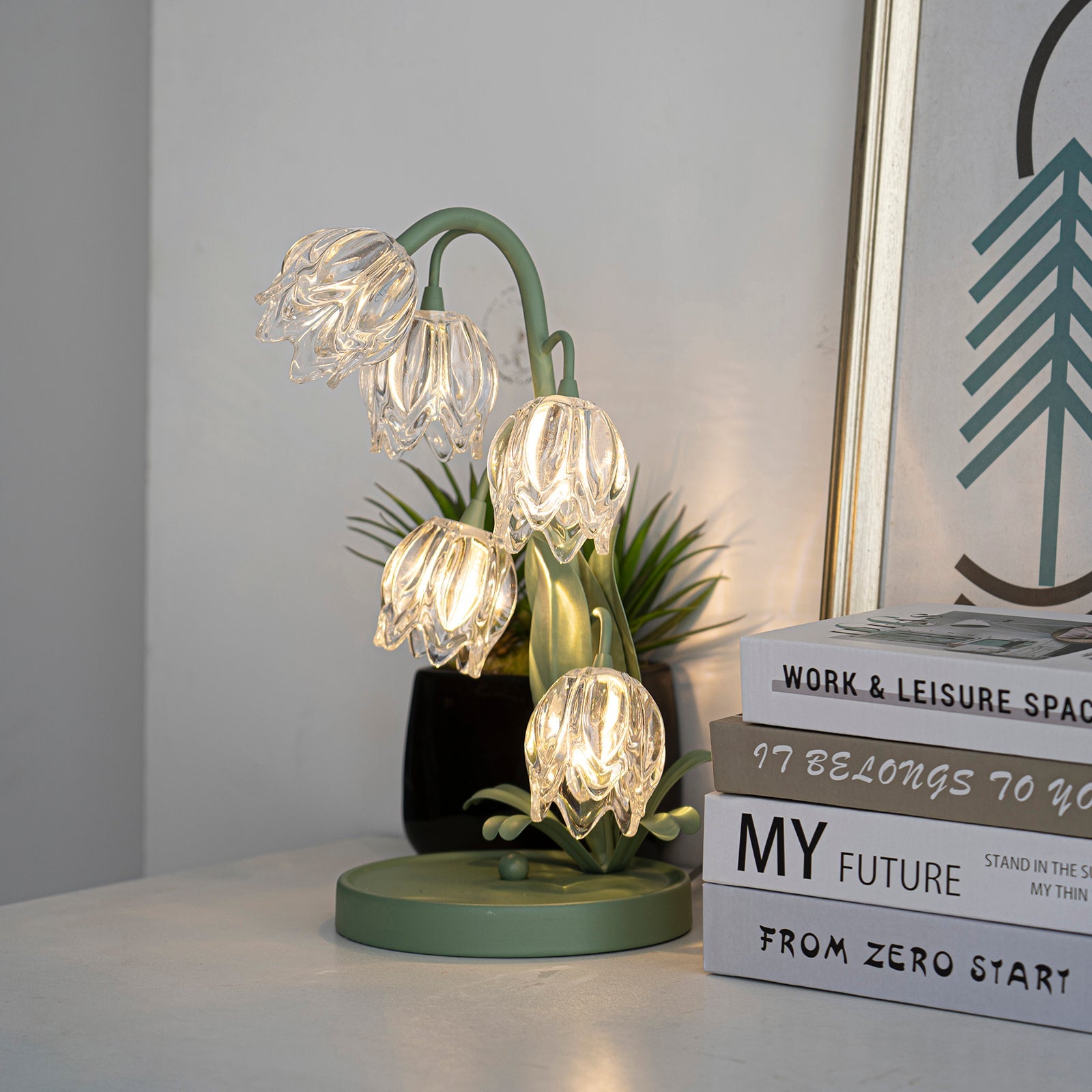 Table Lamp Glass Flower 7 in Decorative Green Indoor Bedroom Living Room Accent Lighting | Thomler