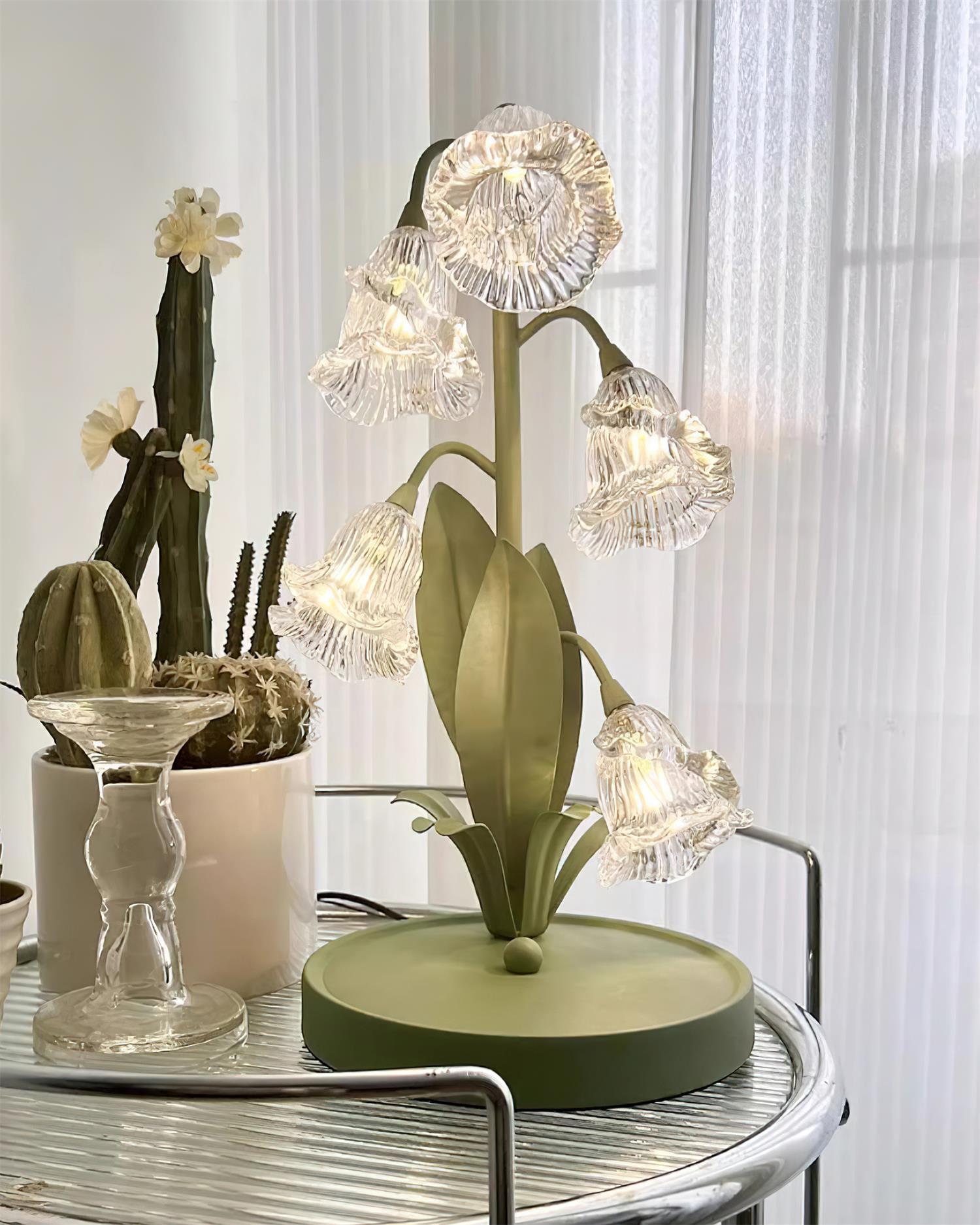 Table Lamp Glass Flower 7 in Decorative Green Indoor Bedroom Living Room Accent Lighting | Thomler