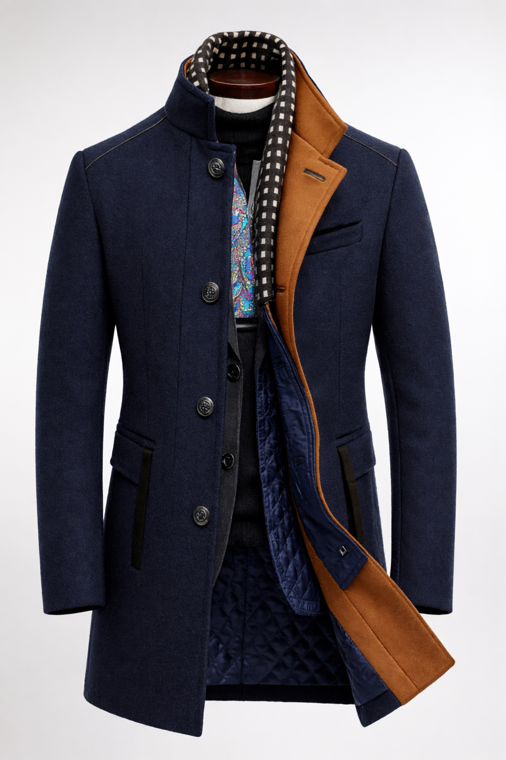 Men's Insulated Topcoat with Stand Collar & Quilted Interior – Classic Mid-Length Outerwear for Business & Casual | Thomler
