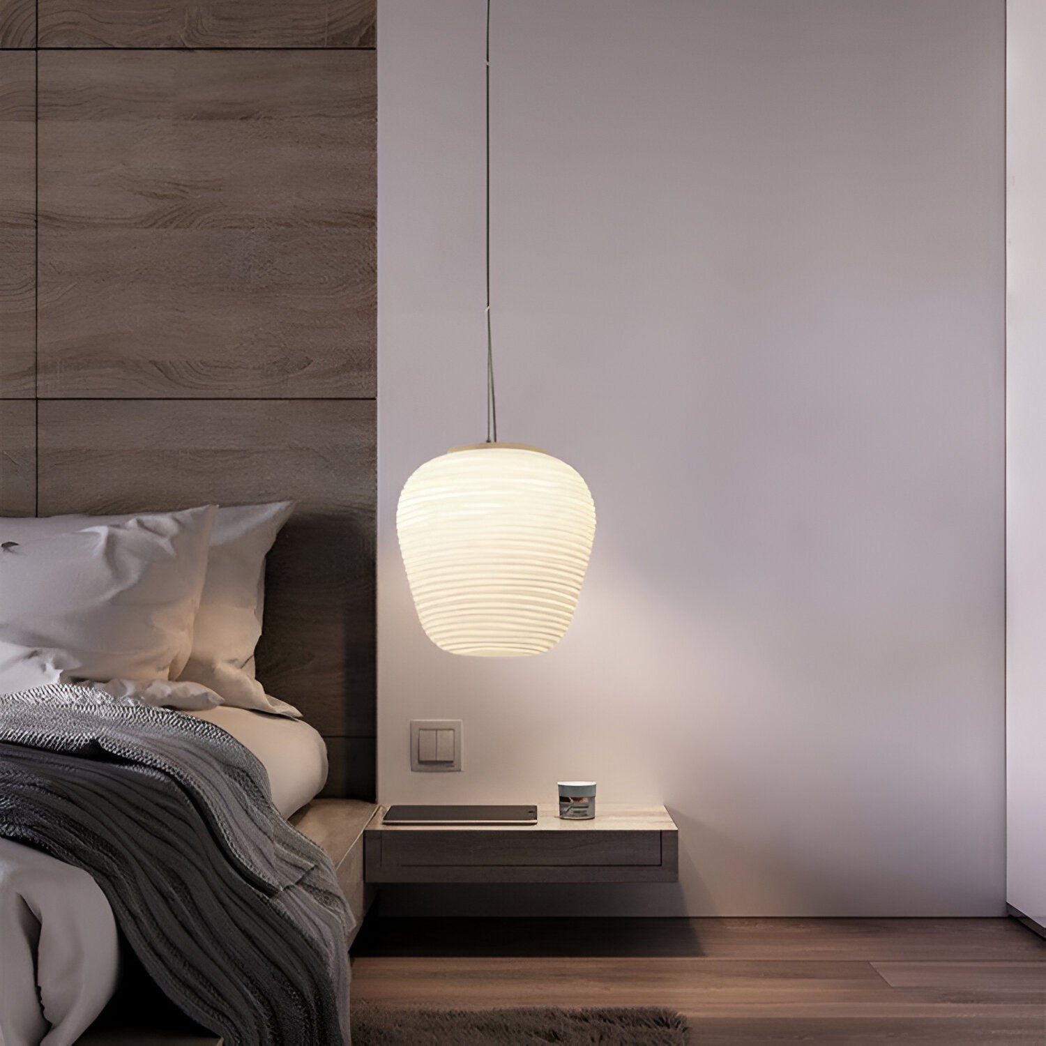 Opaline Pendant Light Ribbed Glass LED 13.4 in Adjustable Café Dining Room Hanging Lamp | Thomler