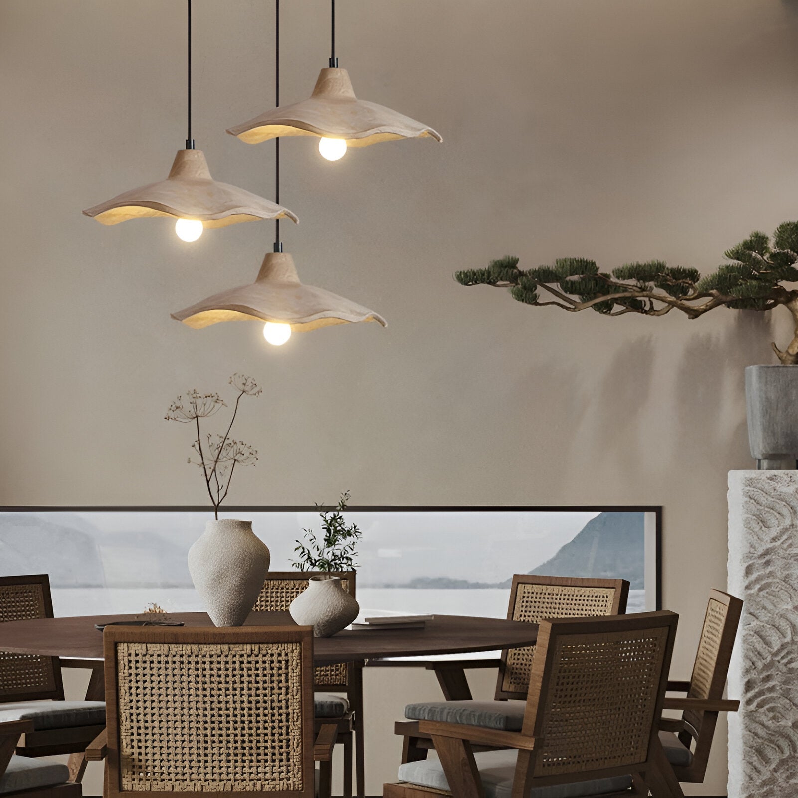 Pendant Light Cement 15.7 in Flower Shape Matte Dining Room Hanging Ceiling Lamp Wabi Sabi Japandi Minimalist Lighting Fixture | Thomler