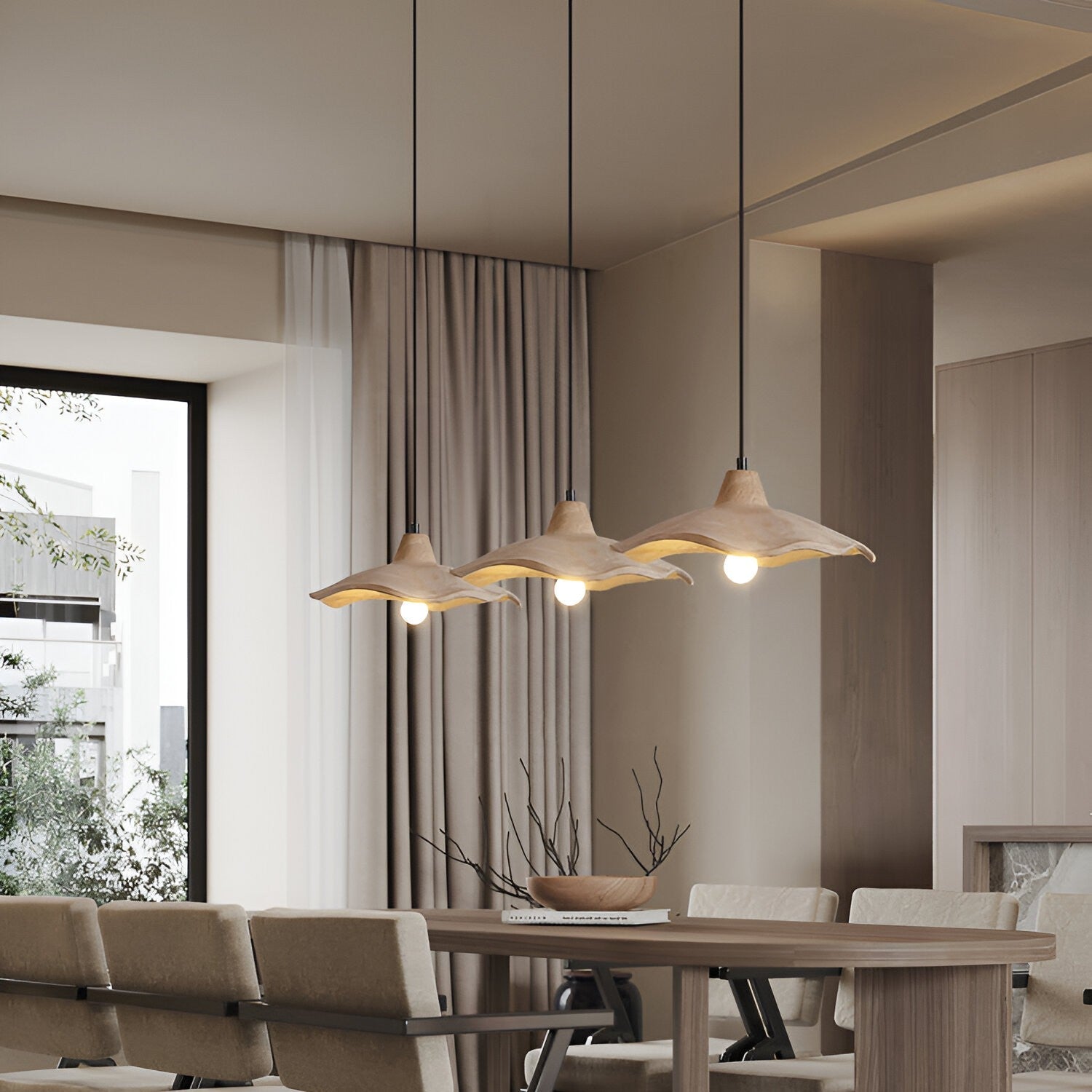 Pendant Light Cement 15.7 in Flower Shape Matte Dining Room Hanging Ceiling Lamp Wabi Sabi Japandi Minimalist Lighting Fixture | Thomler