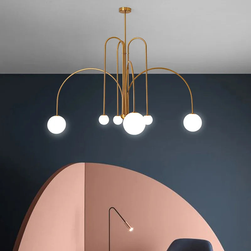 Contemporary Frosted Globe Chandelier with Curved Metal Arms – Modern Statement Lighting for Dining Room & Entryway | Thomler