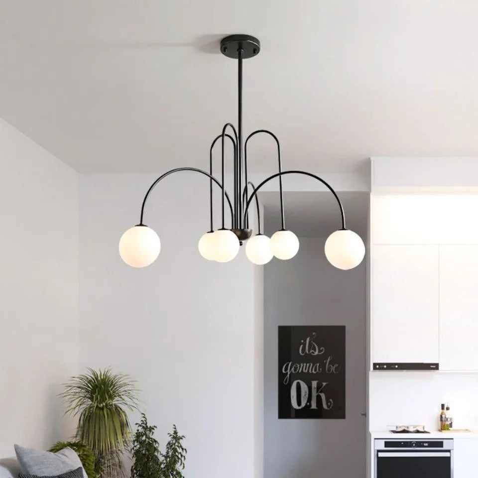 Contemporary Frosted Globe Chandelier with Curved Metal Arms – Modern Statement Lighting for Dining Room & Entryway | Thomler