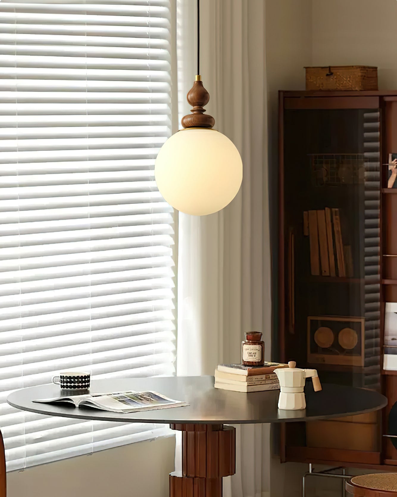 Pendant Light Wood 7.1 in Diameter Milky White Glass Adjustable Ceiling Dining Room Bedroom Lighting | Thomler