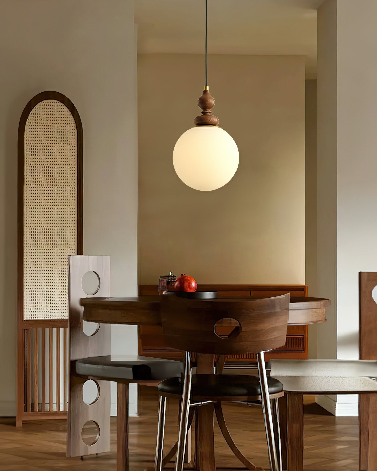 Pendant Light Wood 7.1 in Diameter Milky White Glass Adjustable Ceiling Dining Room Bedroom Lighting | Thomler