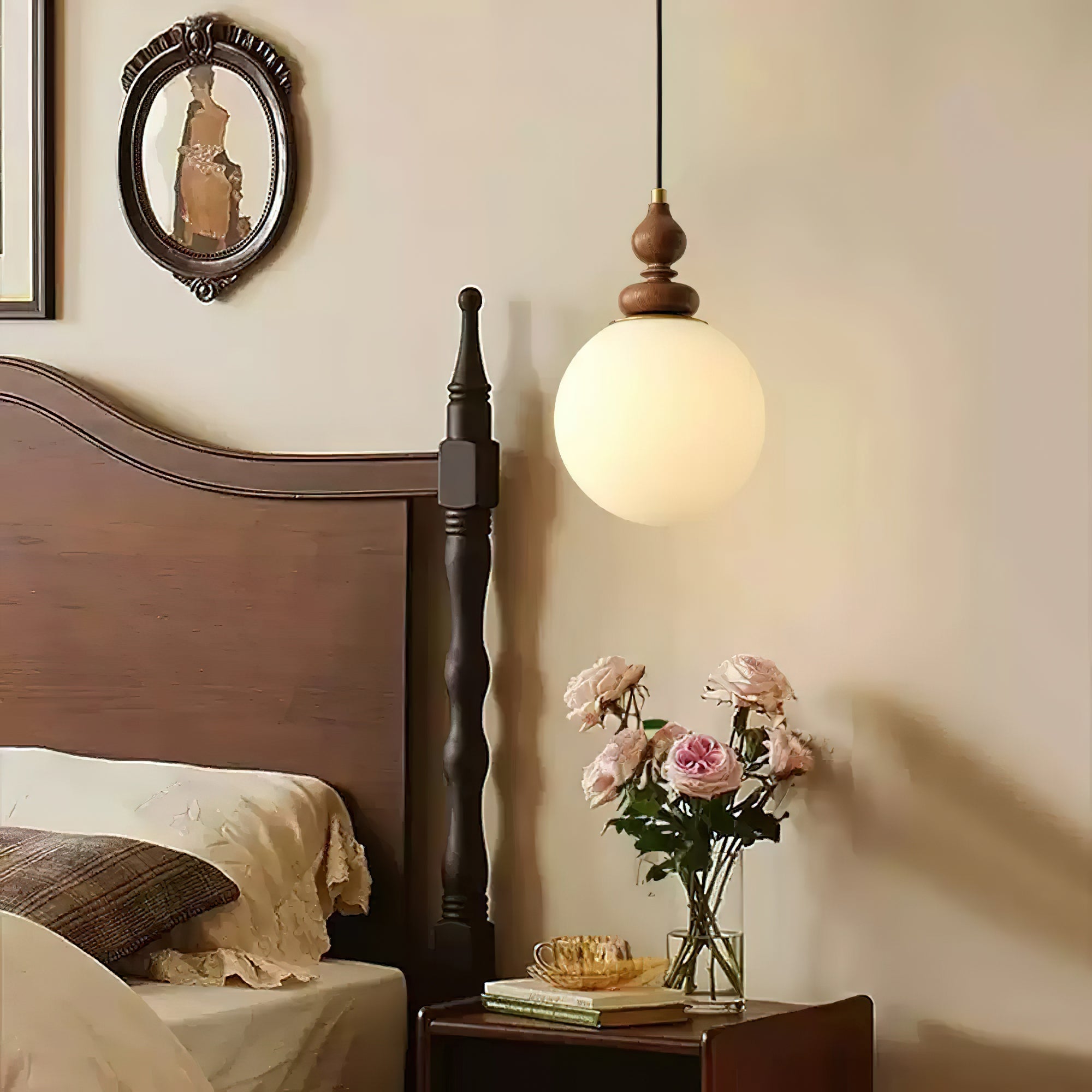 Pendant Light Wood 7.1 in Diameter Milky White Glass Adjustable Ceiling Dining Room Bedroom Lighting | Thomler